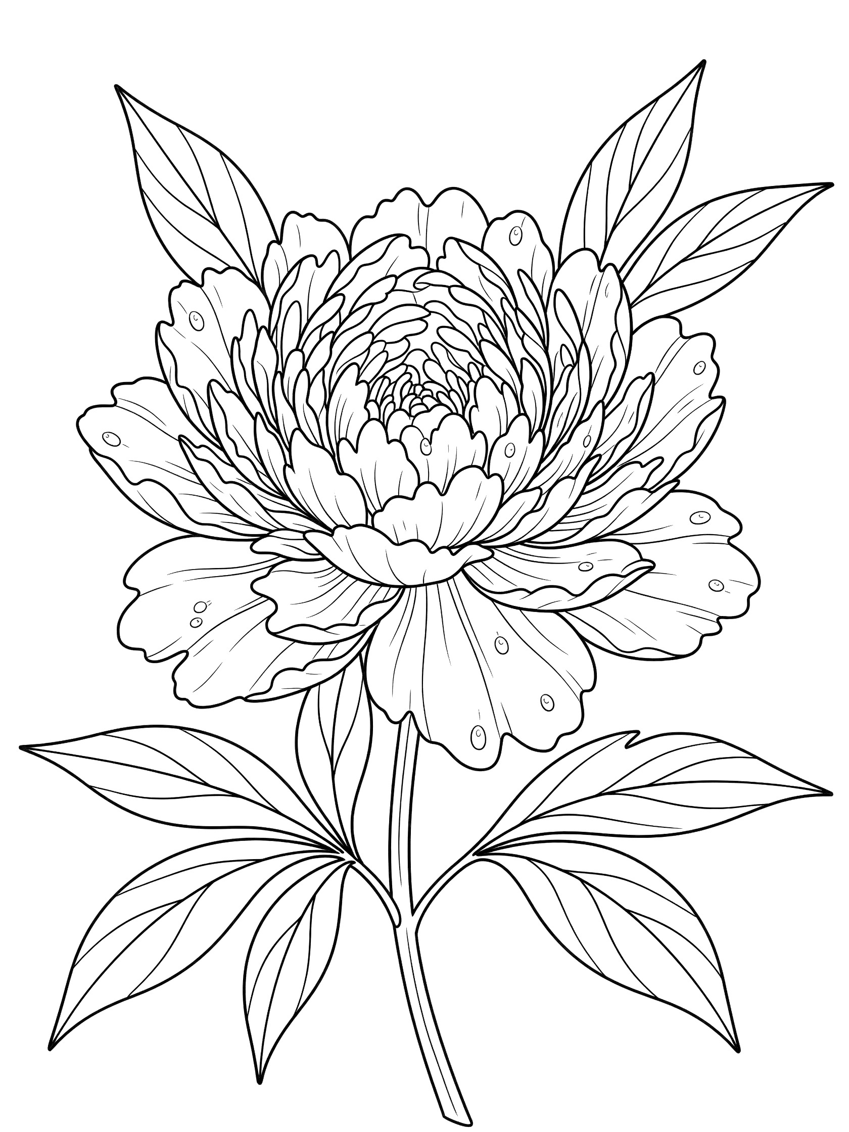 Black and white line art coloring page of a peony flower with layered ruffled petals, sparkling dew drops, curved stem, and soft leaves