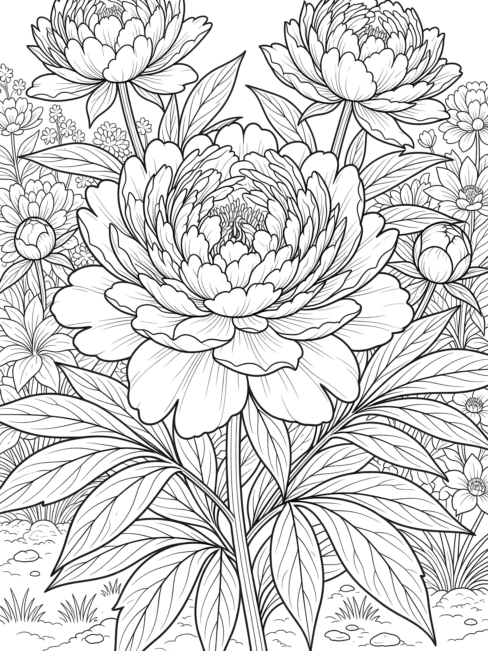 Black and white coloring page of a large peony flower in full bloom surrounded by buds, broad leaves, stems, and garden foliage.
