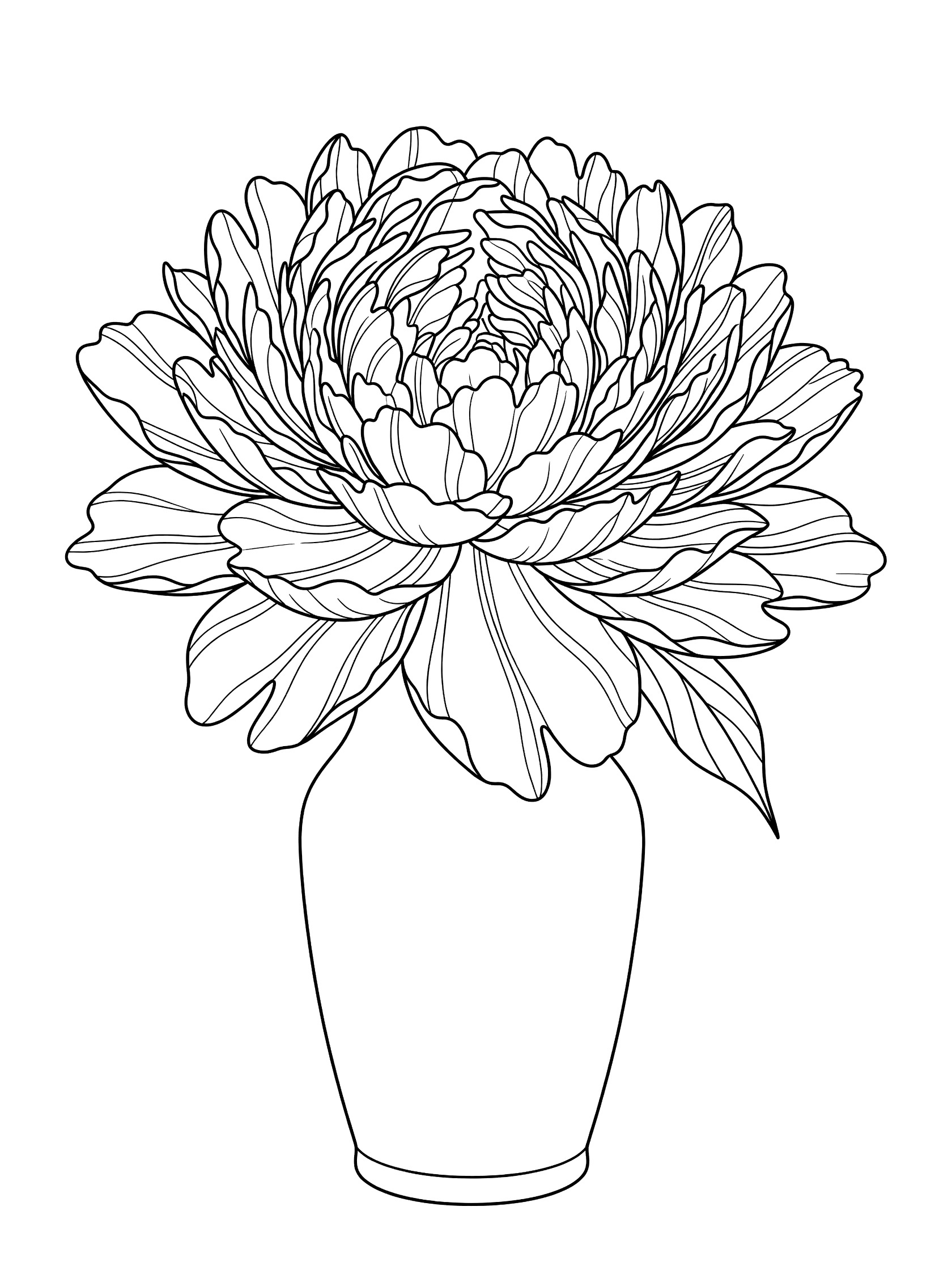 Black and white line art coloring page showing a large peony flower with layered petals in a simple vase