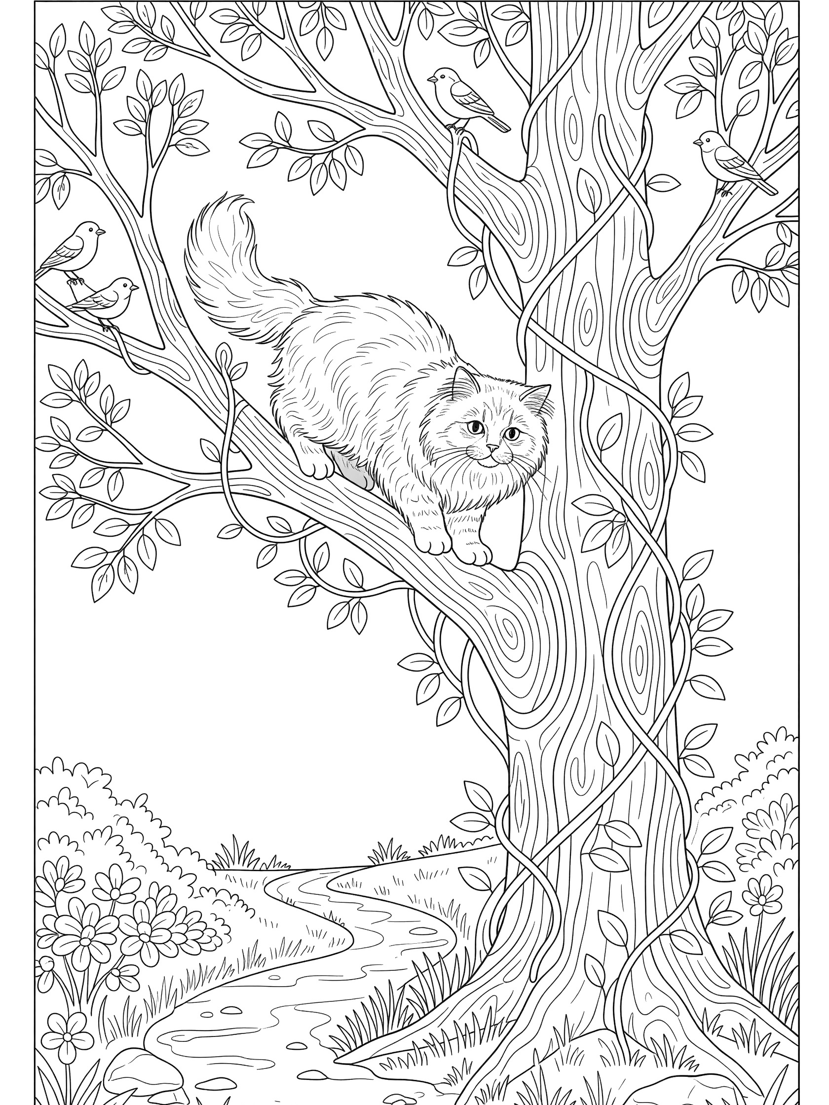 Printable coloring page showing a Persian cat climbing a tall tree with vines, leaves, perching birds, and a winding path at the base. Persian Cats themed black and white printable line art