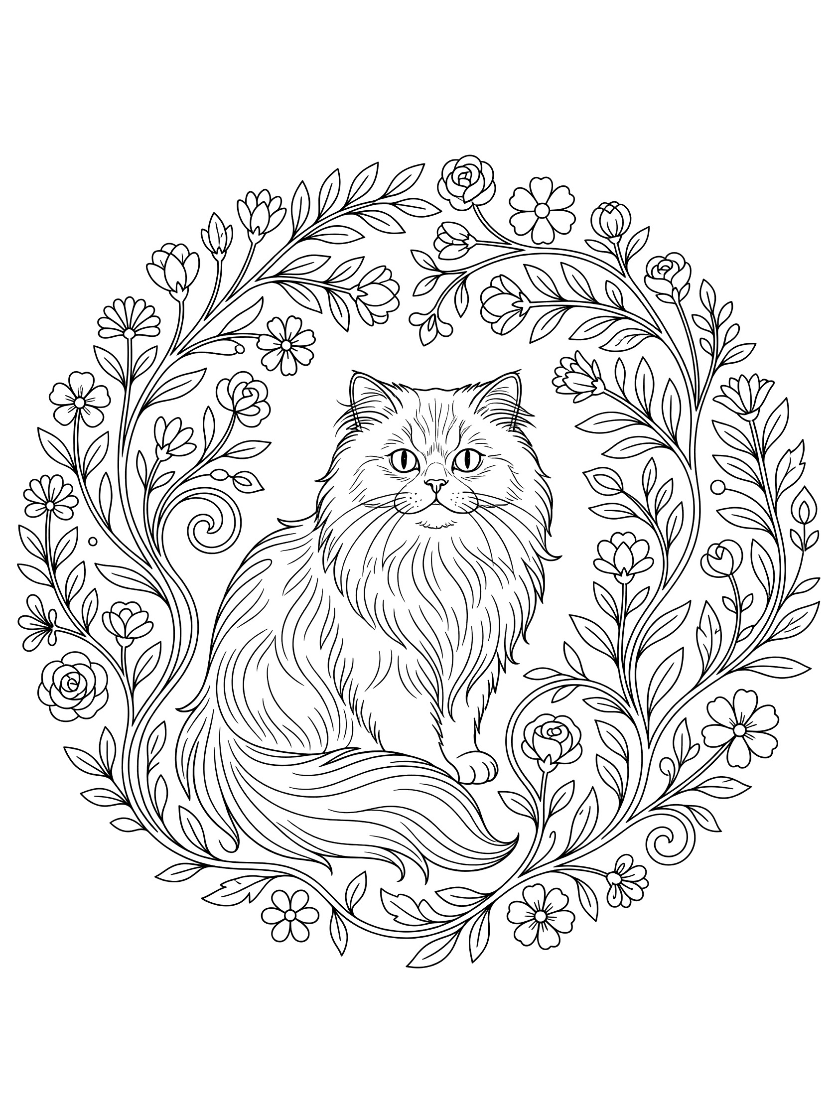 Line art coloring page showing a Persian cat with flowing fur inside a wreath of flowers, leaves and vines