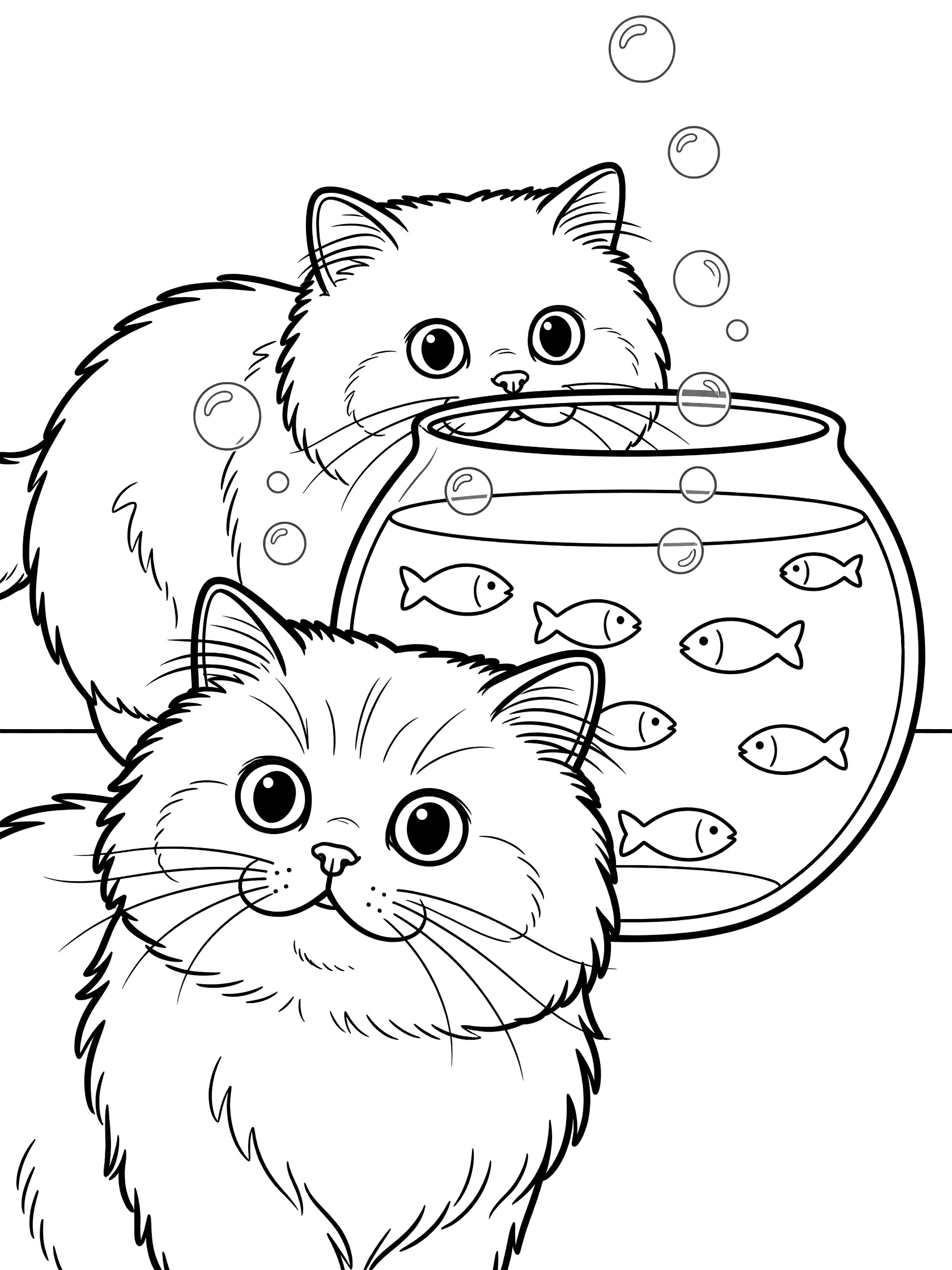 Printable coloring page showing a wide-eyed Persian cat looking at simple fish shapes in a fishbowl with bubbles, clean line art. Persian Cats themed black and white printable line art