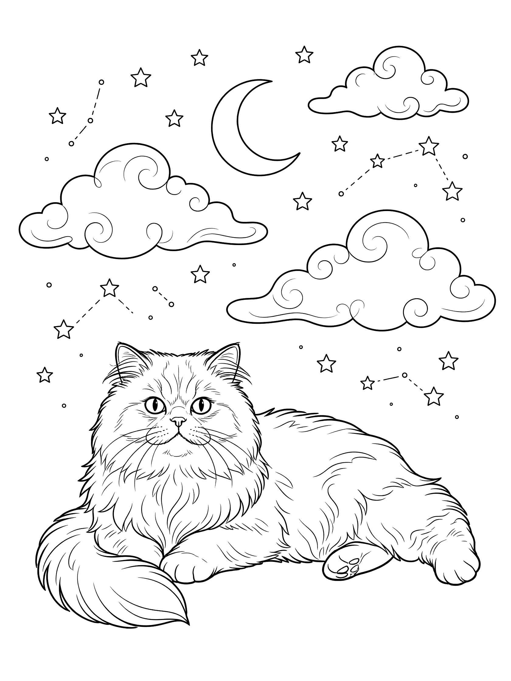 Black and white line art coloring page featuring a Persian cat with long fluffy fur lounging near a crescent moon, stars, dream clouds and gentle swirls
