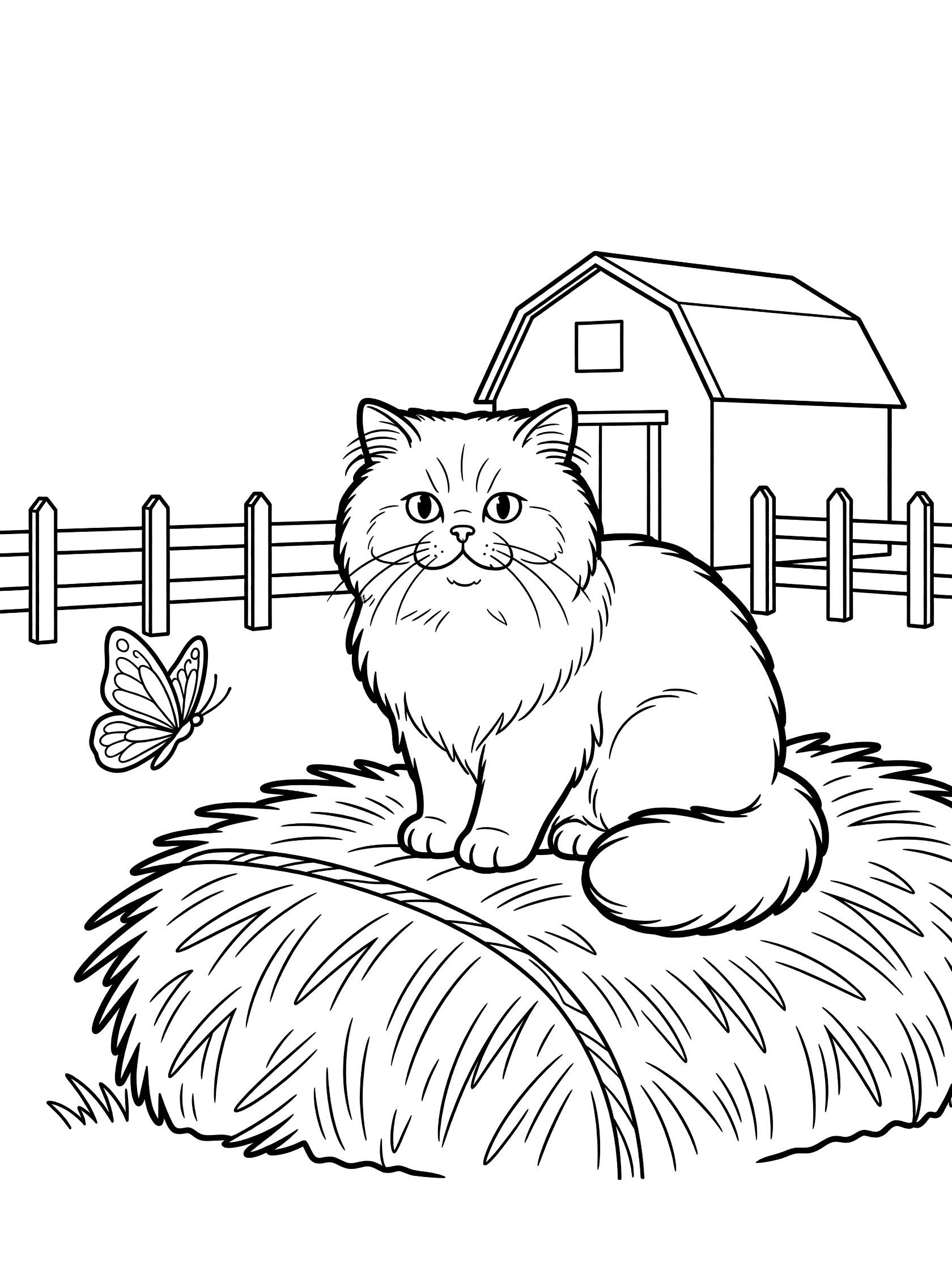 Black and white line art of a fluffy Persian cat on a hay bale, barn and fence in background, butterfly nearby, coloring book page. Persian Cats themed black and white printable line art