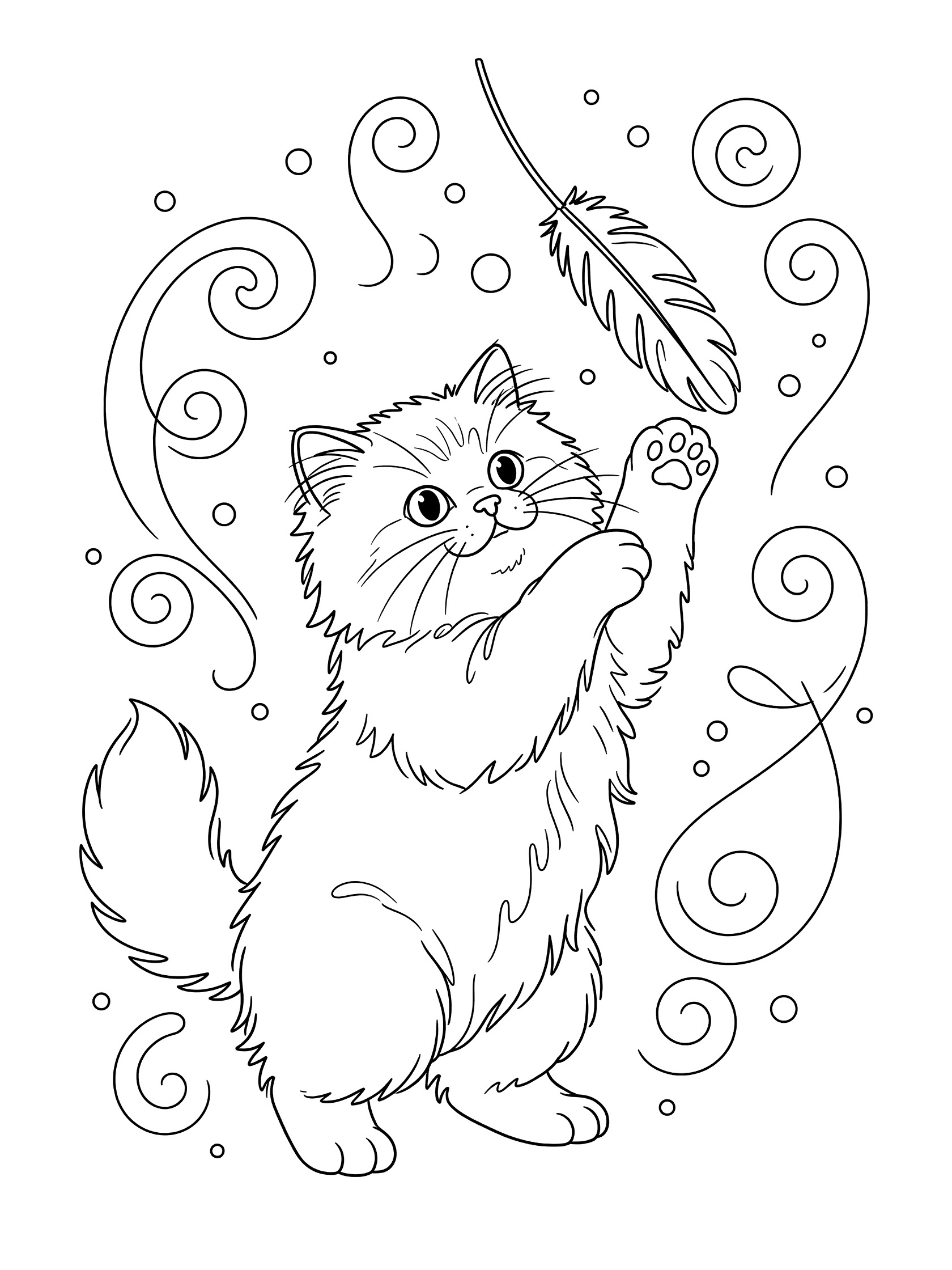 Black and white line art coloring page showing a Persian kitten with puffed fur pawing at a feather toy on a string, surrounded by playful swirls and dots. Persian Cats themed black and white printable line art