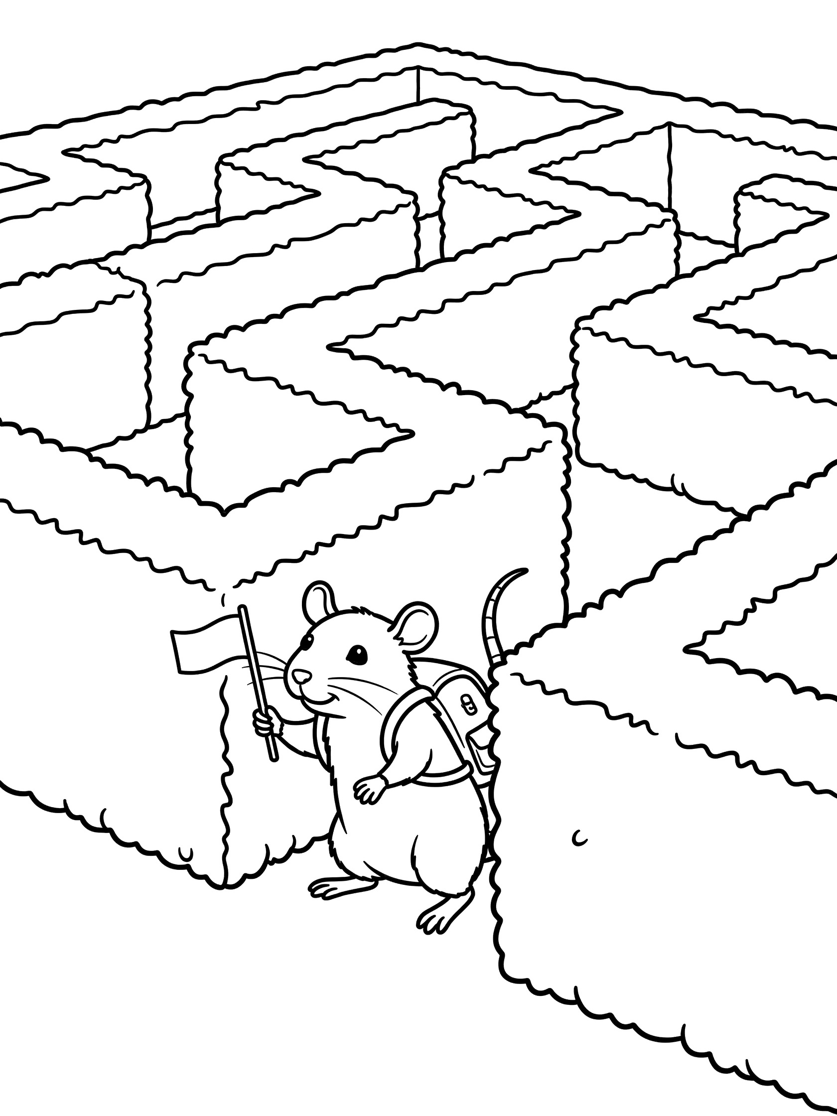 Black and white line art coloring page showing a pet rat with wide eyes peeking around tall hedge maze walls, wearing a small backpack and holding a tiny flag.