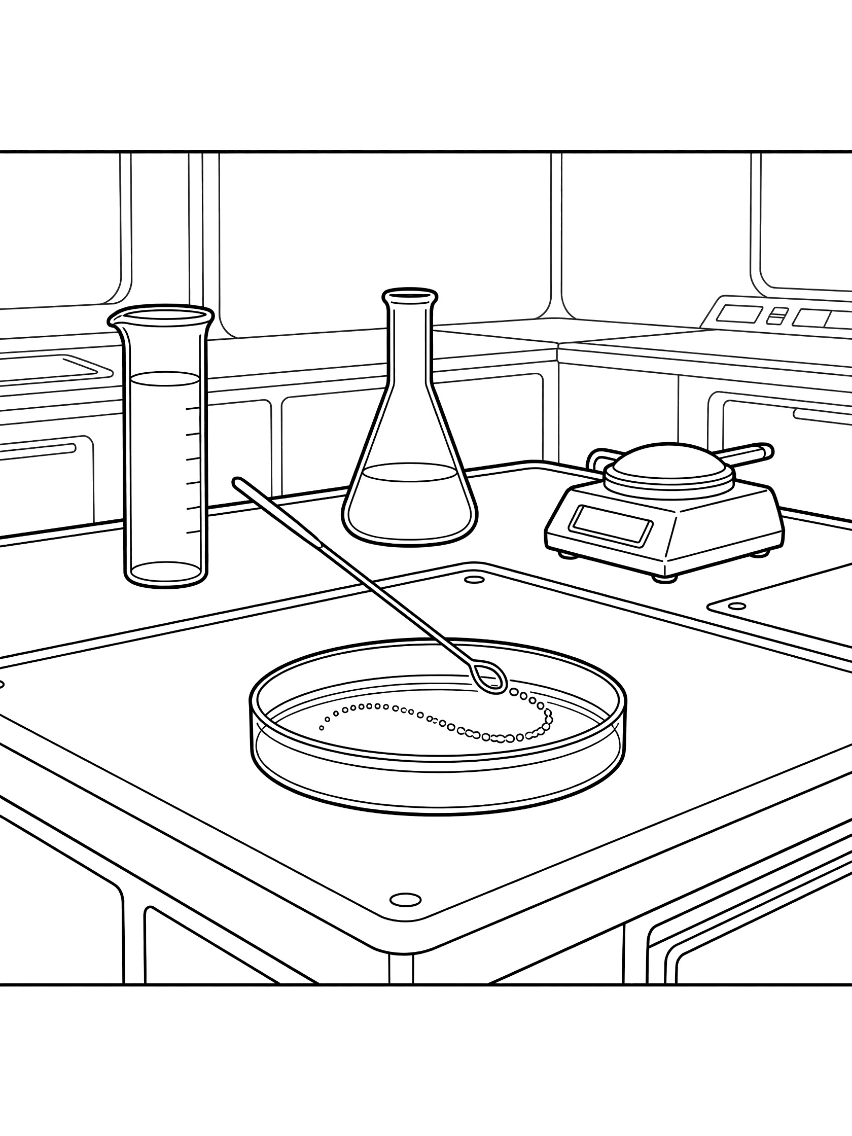 Black and white line art of open petri dish on metallic counter with loop streaking bacterial sample, surrounded by beakers in sci-fi space lab.