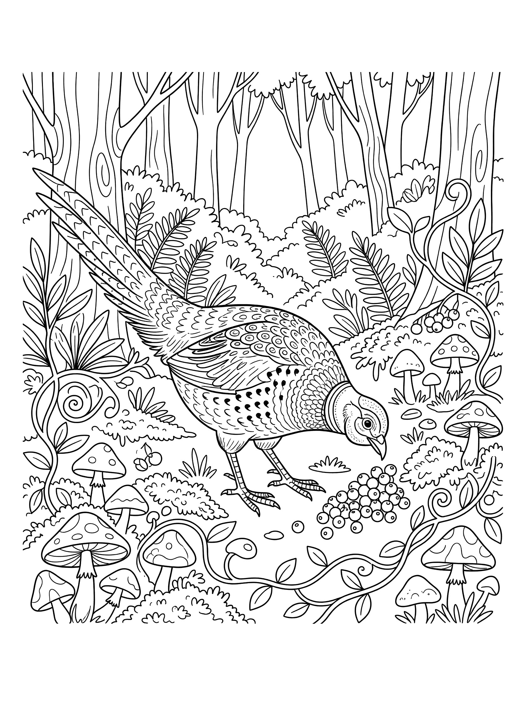 Black and white line art coloring page showing a detailed pheasant bird foraging for berries on the ground surrounded by mushrooms, vines, ferns and forest trees.