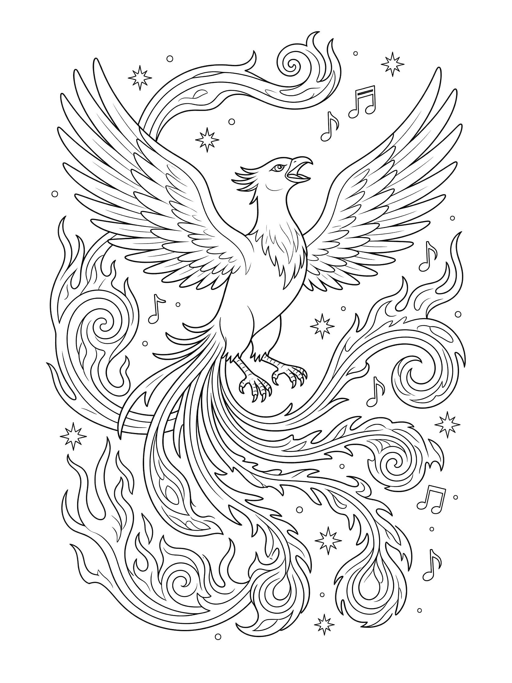 Black and white coloring page of a phoenix bird with open wings, long tail feathers, swirling flame trails, floating sparkles and music notes.