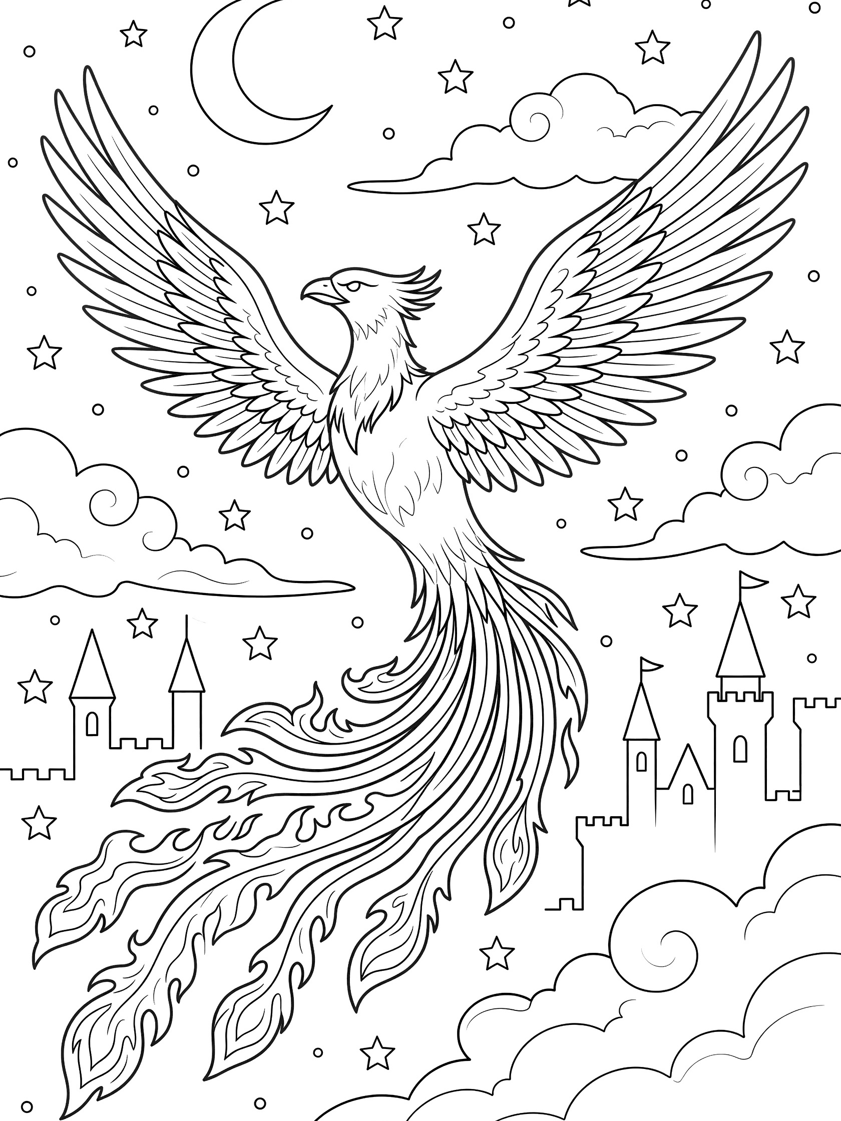 Black and white line art coloring page showing a large phoenix bird with spread wings flying upward in a starry night sky with crescent moon, fluffy clouds and distant castle towers below.