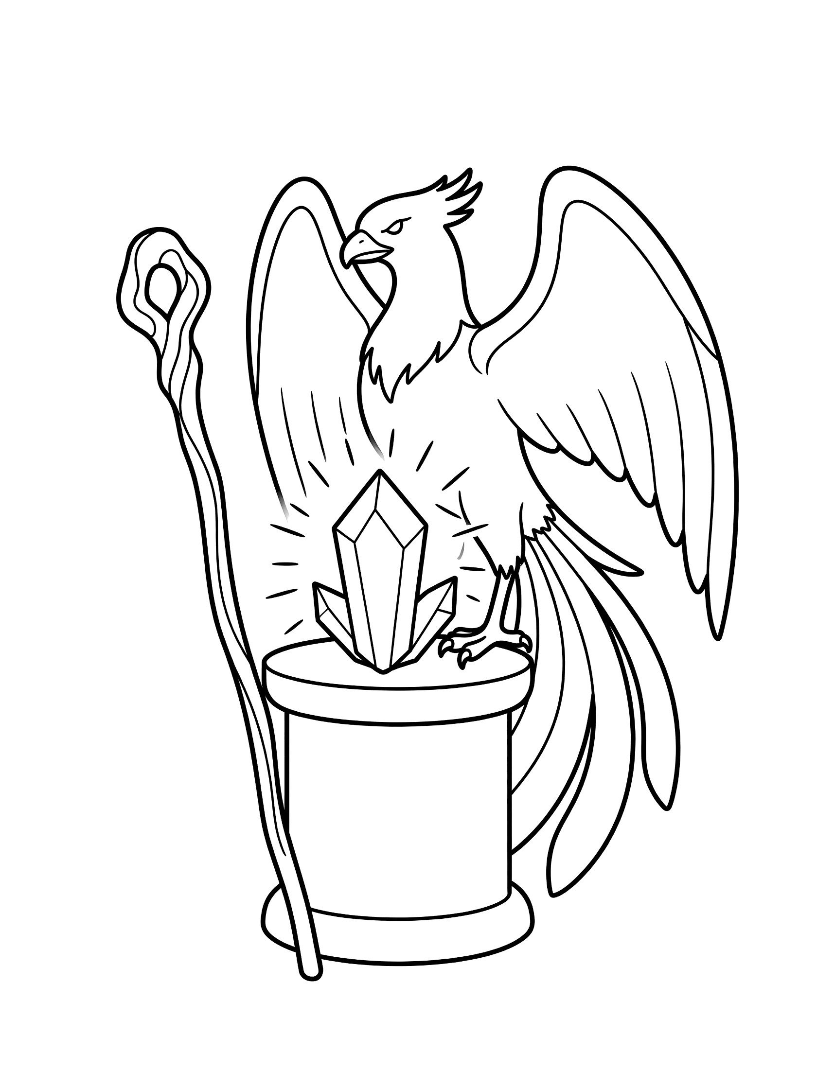 Black and white coloring page of a phoenix bird with raised wings guarding a crystal on a pedestal, wizard staff leaning beside it