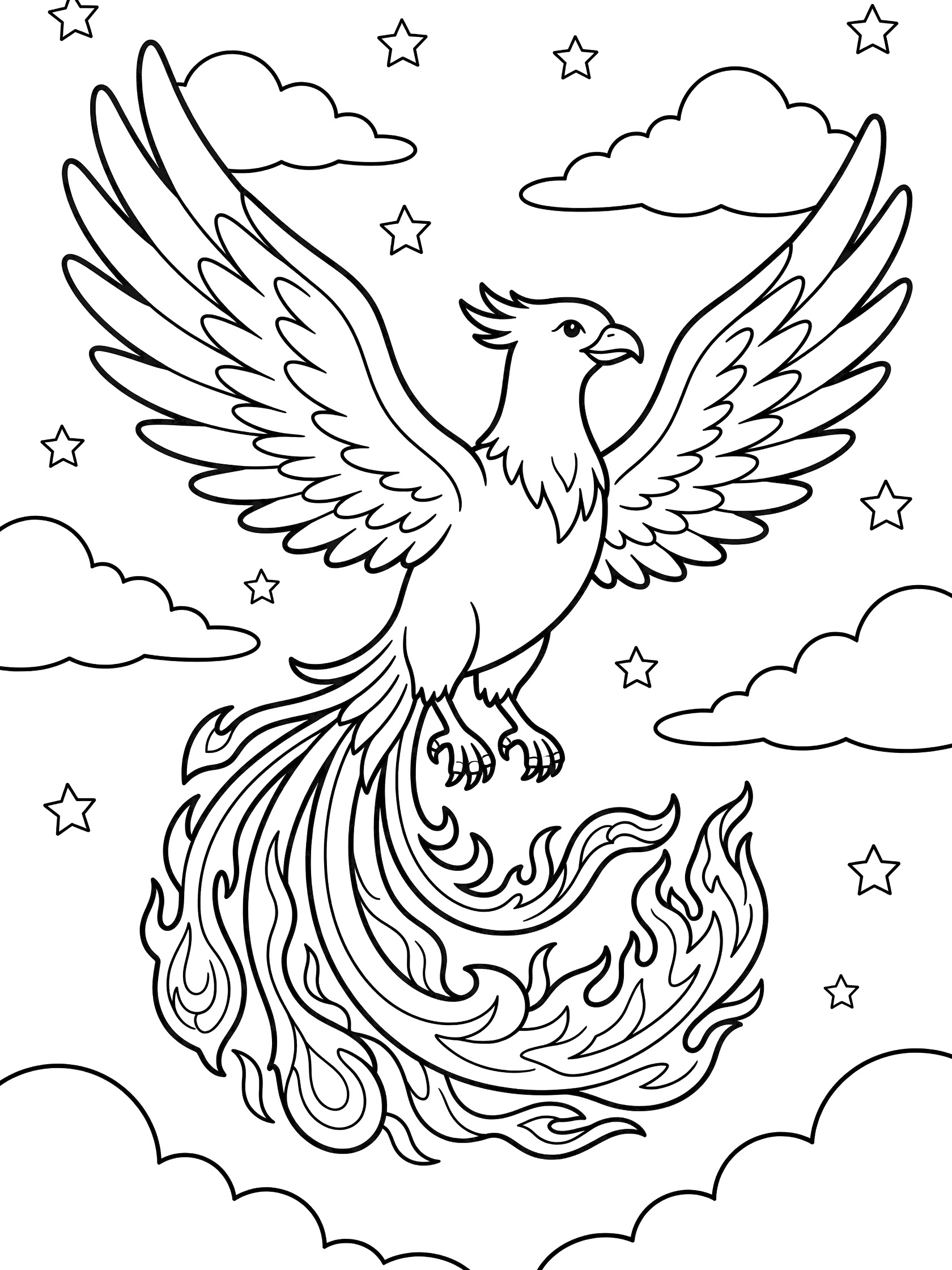 Black and white line art coloring page showing a large phoenix bird soaring with wide spread wings, curly flame tail, beak, stars and fluffy clouds in the sky.