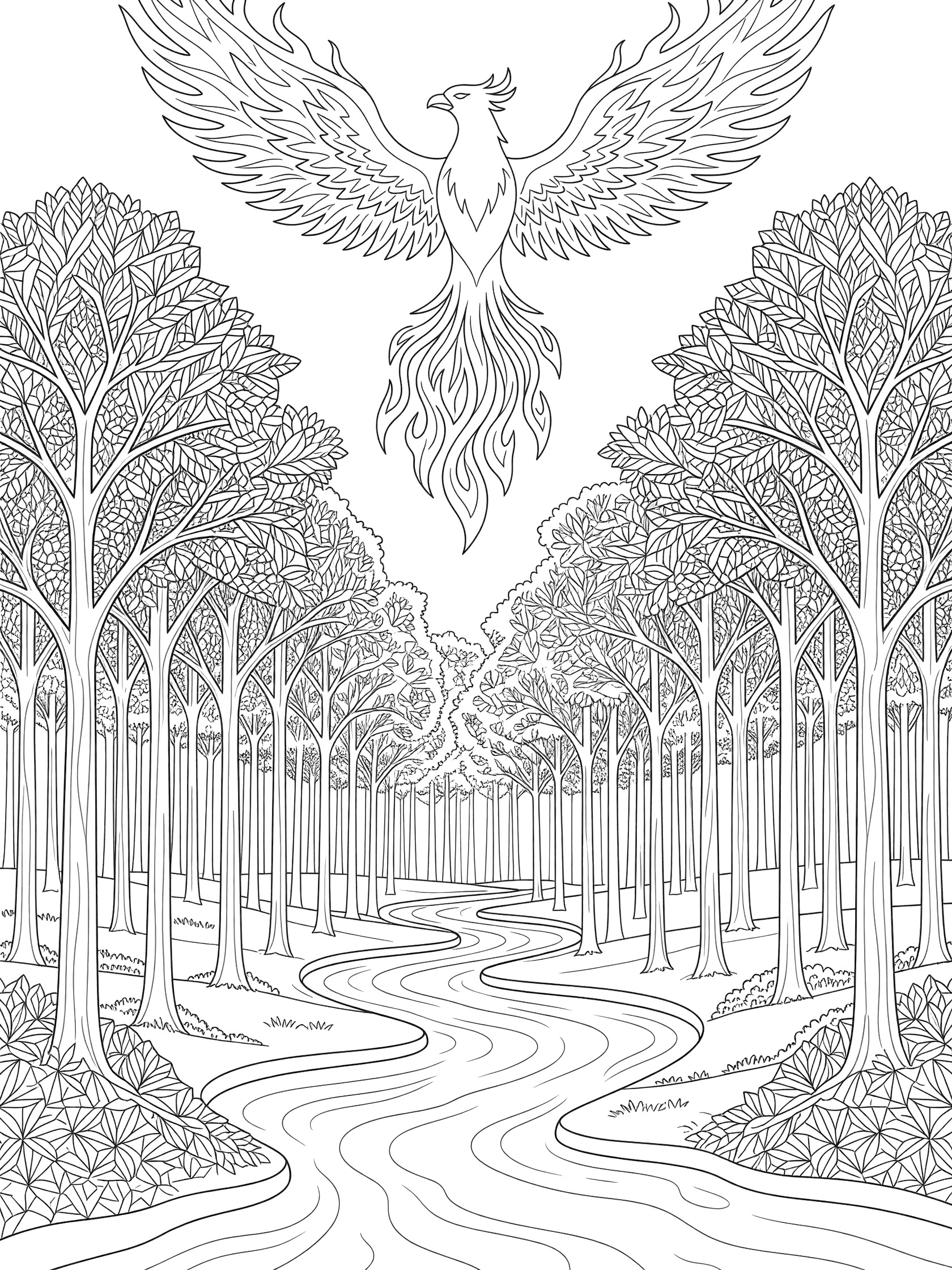 Black and white coloring page of a phoenix with flame wings flying over a forest of tall trees and winding river