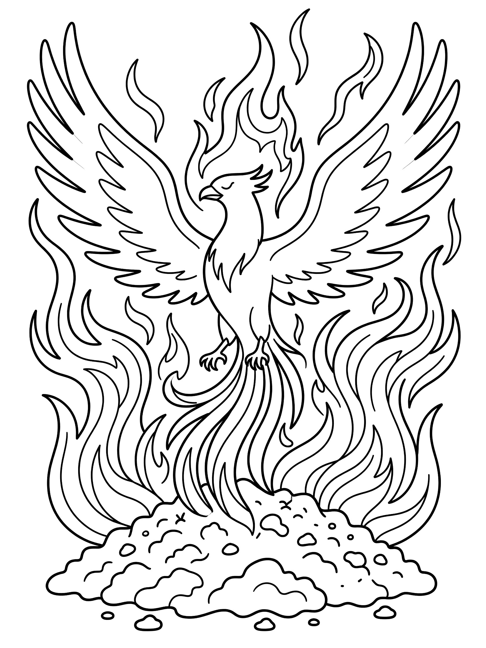 Black and white line drawing of a phoenix bird rising from a pile of ashes, wings spread wide, surrounded by flame patterns.