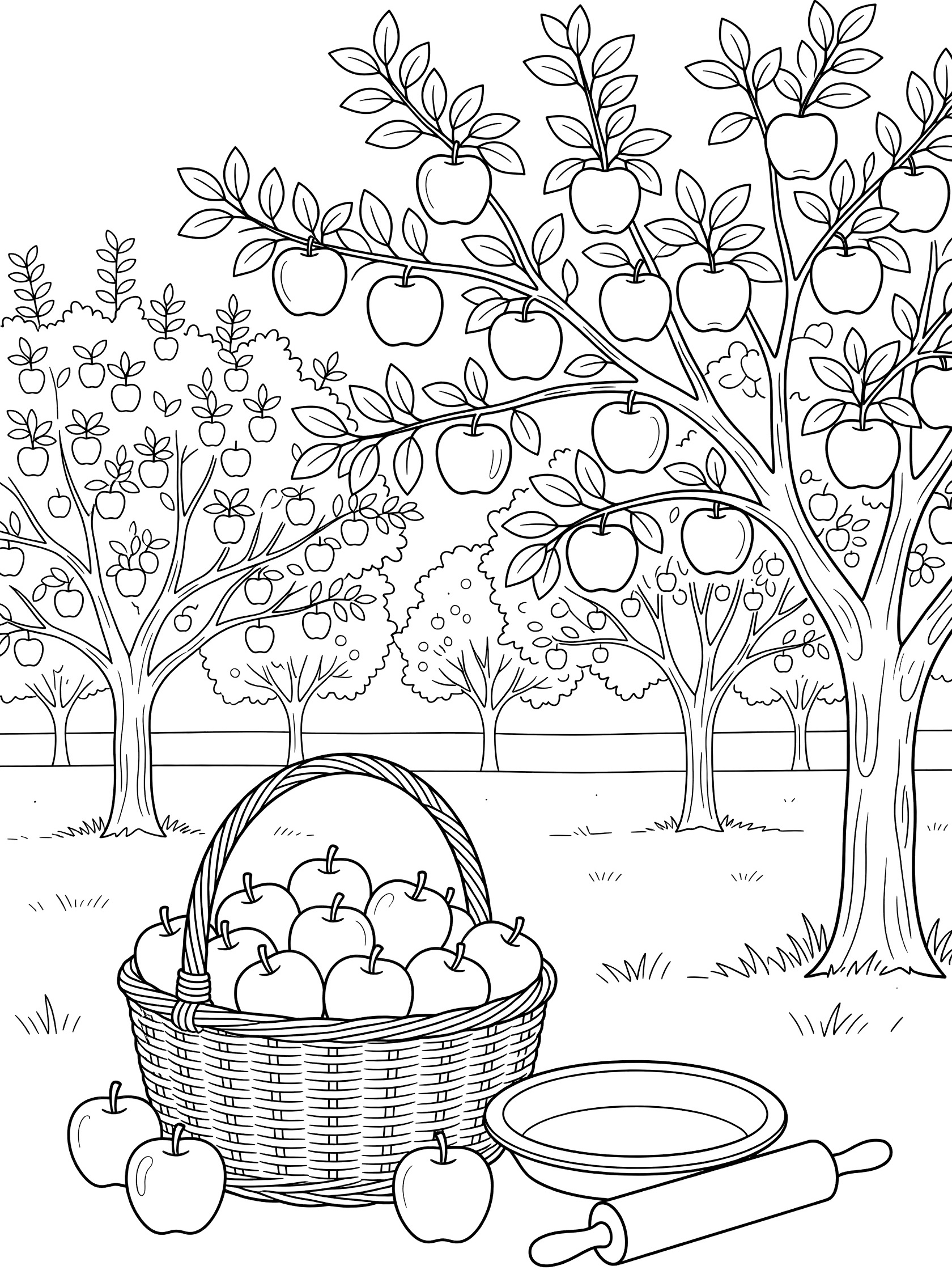 Black and white line art coloring page showing a full basket of apples next to an apple tree in an orchard, pie tin and rolling pin for making pie