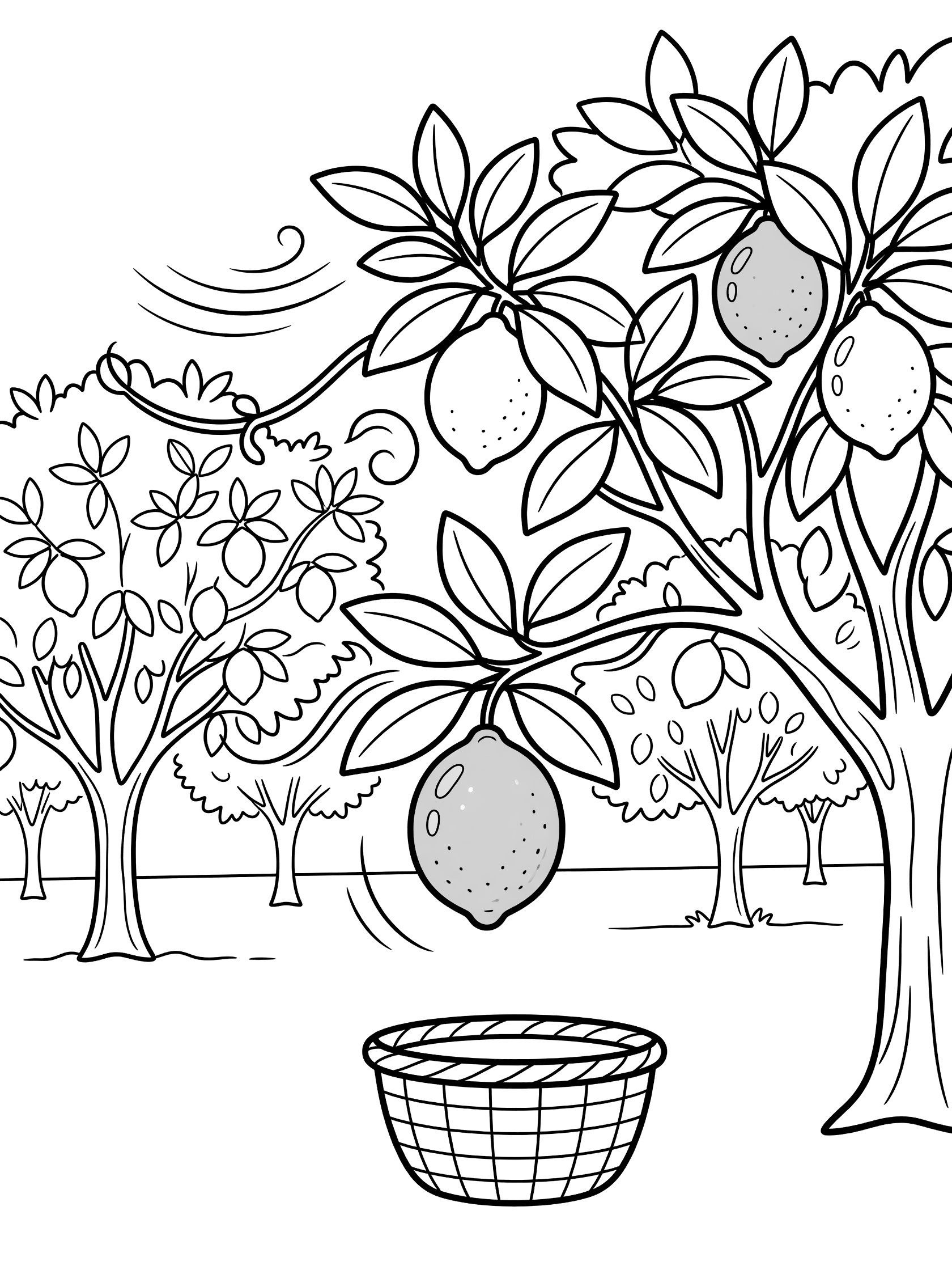 Line art coloring page showing a lime falling from a leafy orchard tree into a basket, with wind and other lime trees in the background.