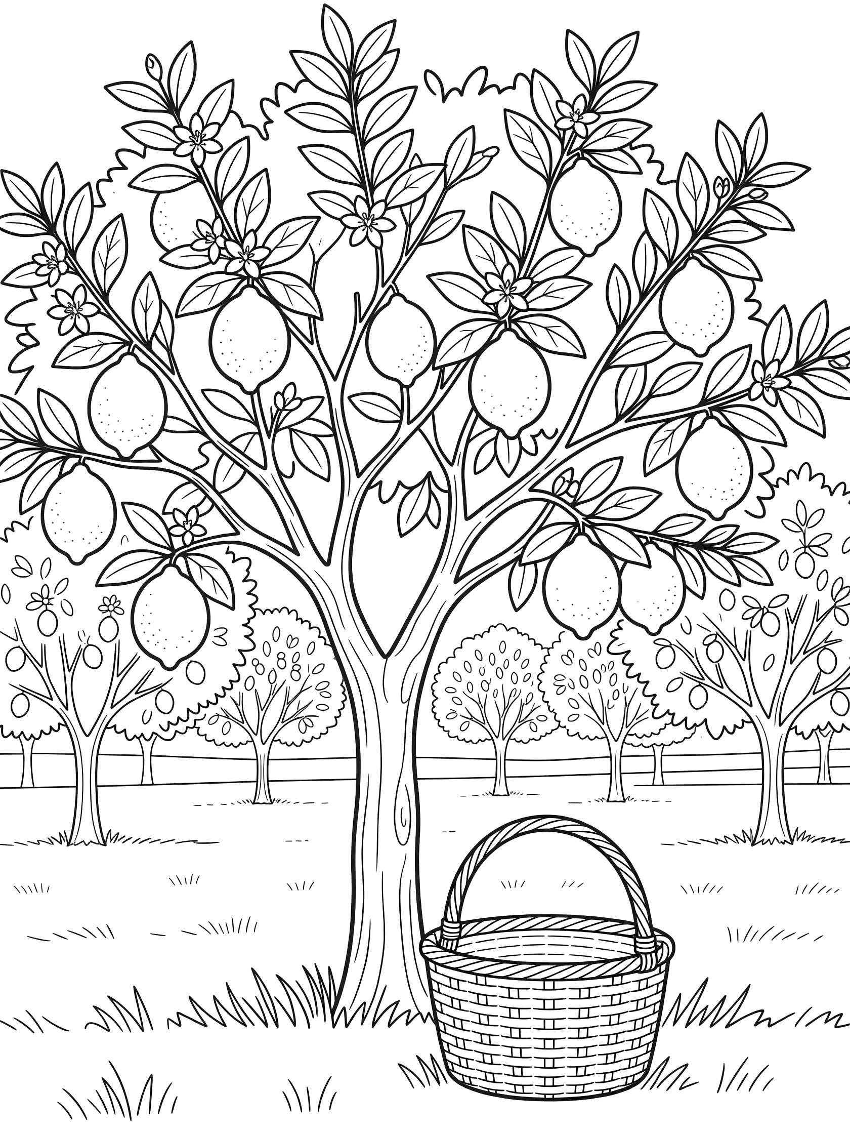 Black-and-white line art of a lemon tree loaded with ripe lemons, twisting branches with leaves and blossoms, basket on grassy ground, and orchard background.