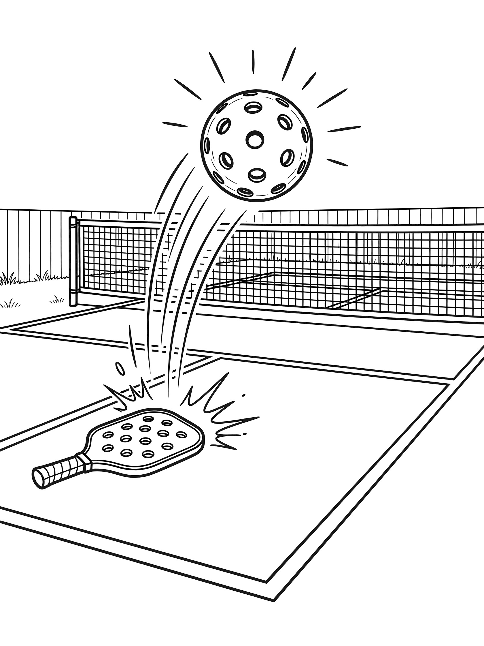 Black-and-white line art of a pickleball ball bouncing dynamically on a backyard pickleball court with court lines, nearby paddle, and net.