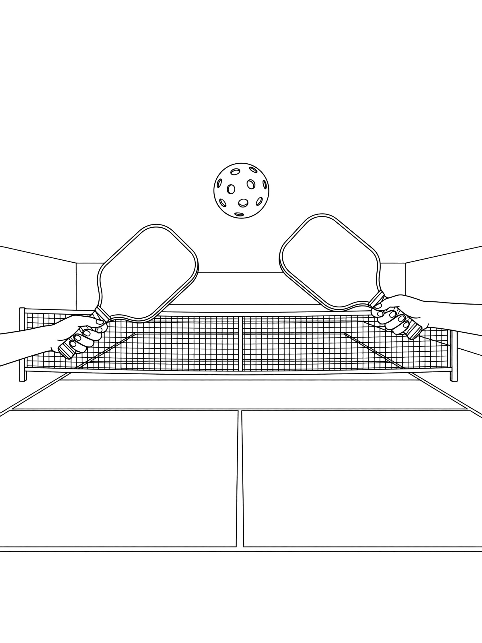 Black and white line art of a pickleball ball flying over the net with paddles on both sides during a game on an indoor court