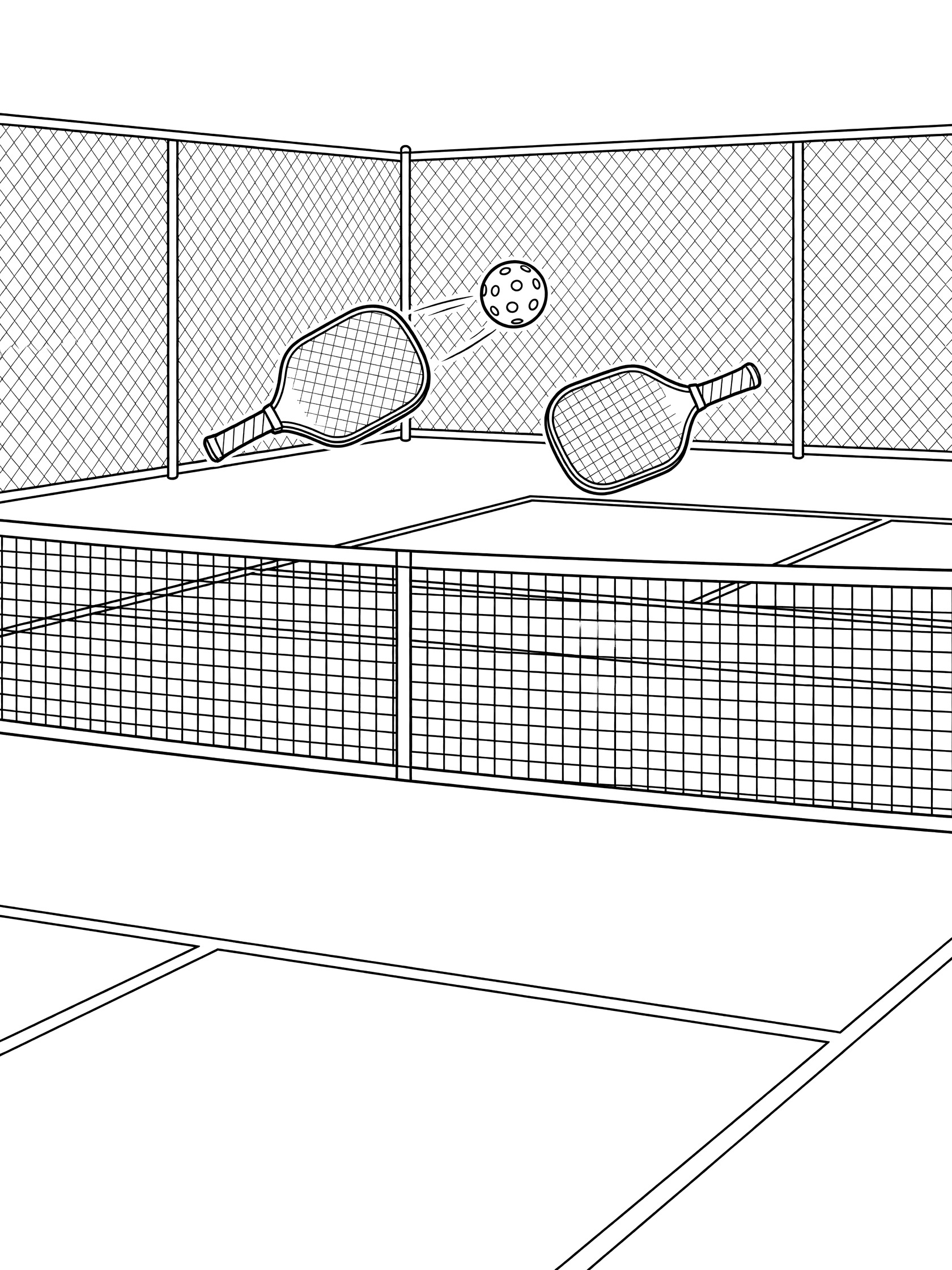 Black-and-white coloring page of a pickleball ball volleyed mid-flight over the net by two paddles on an indoor gym court with fence and lines.