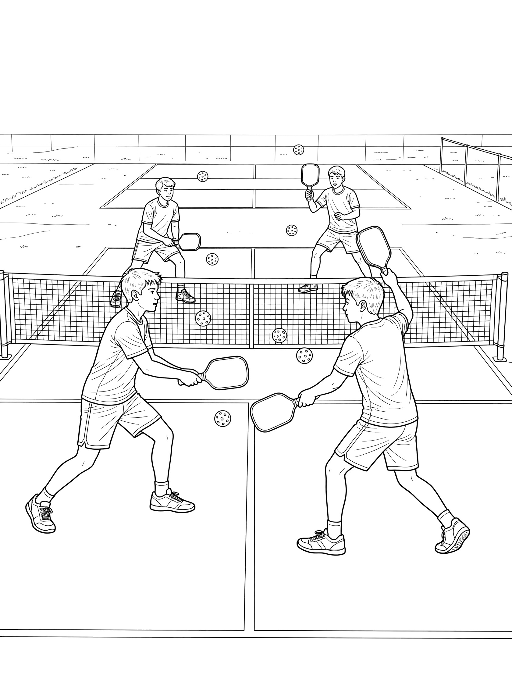 Line art coloring page showing pickleball court doubles game with four players, paddles, net, balls flying, and court lines on school playground.