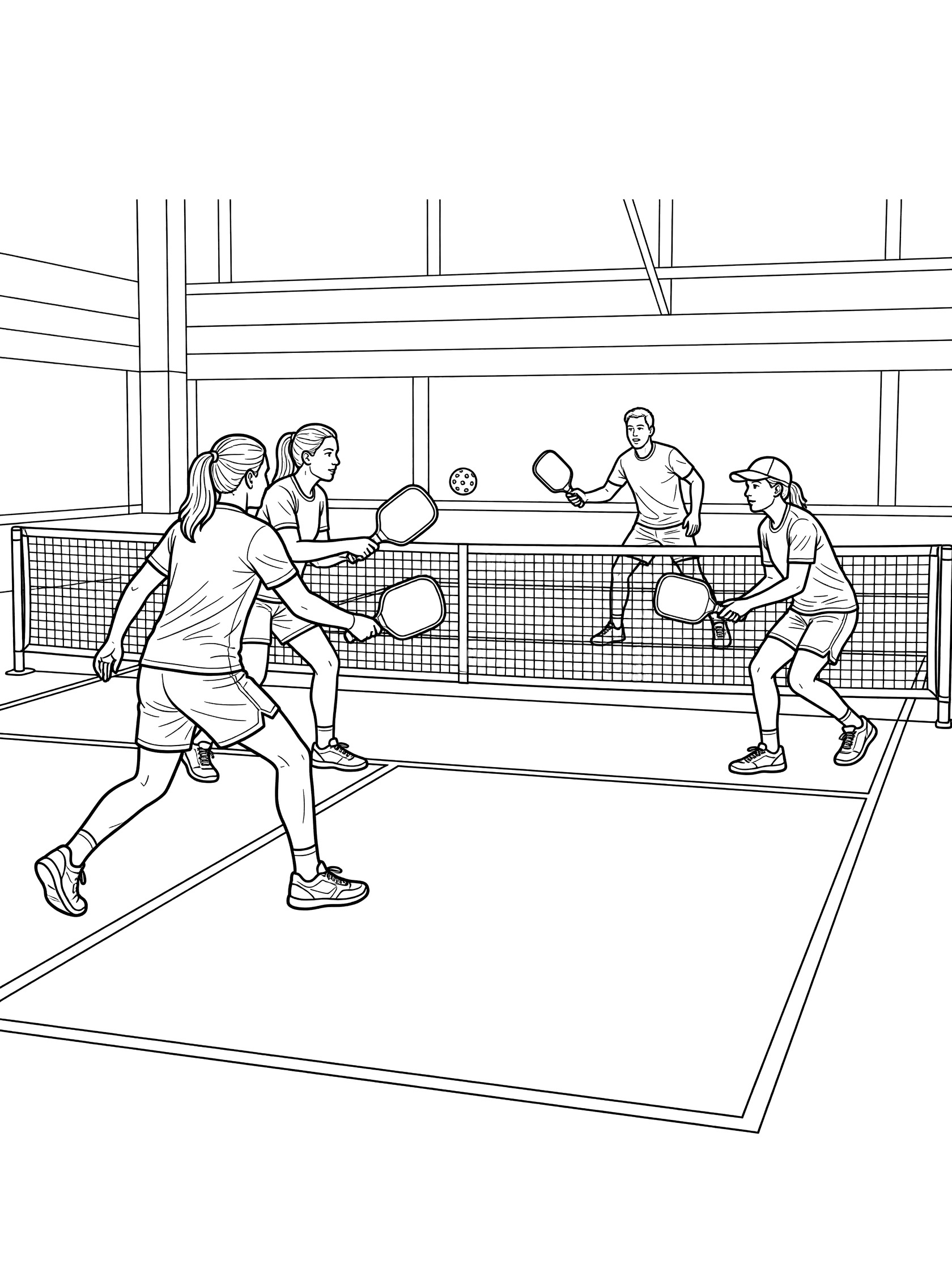Black-and-white coloring page of two pickleball doubles teams volleying the ball across the net with paddles on a gym court.