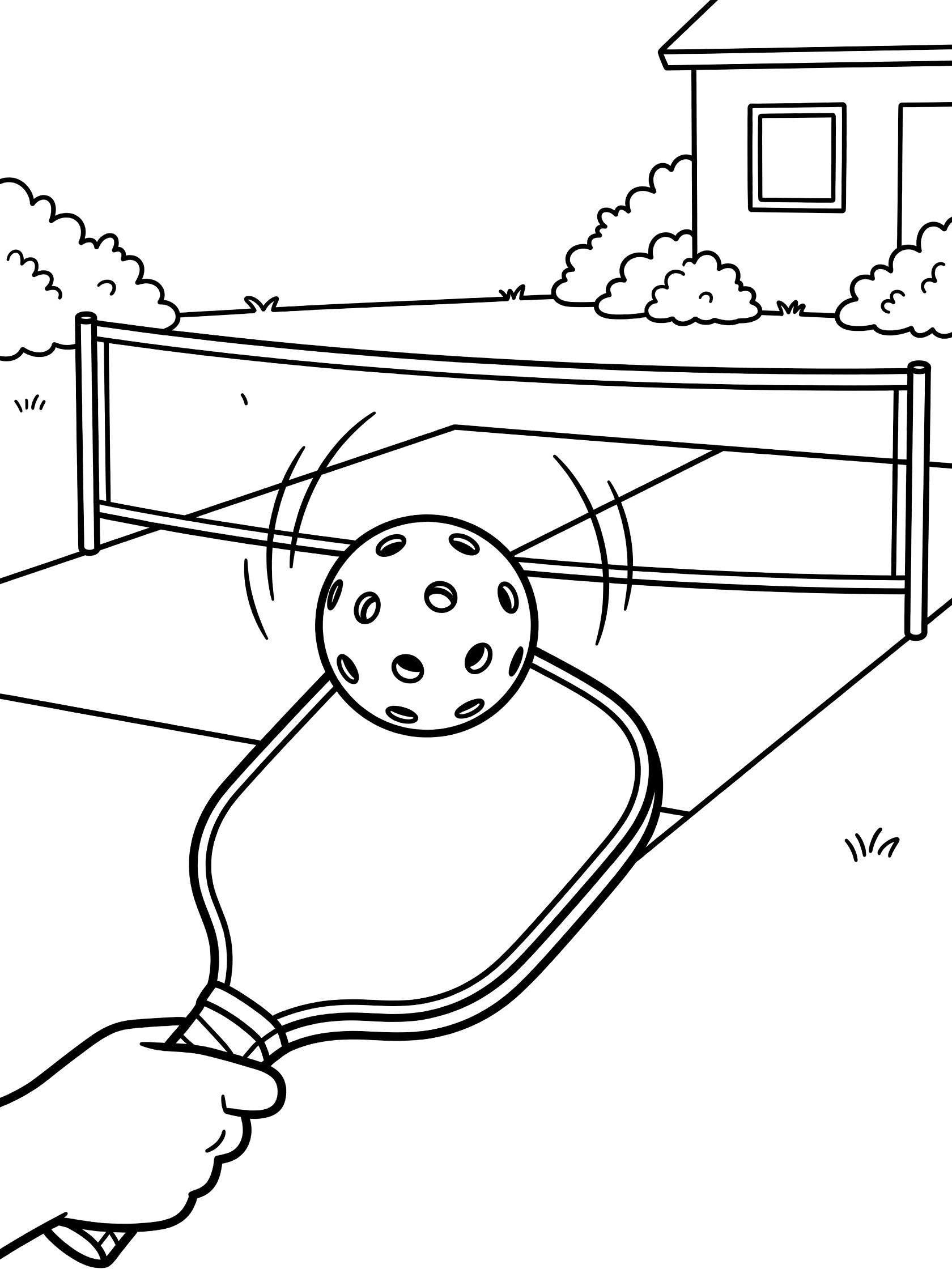 Black and white coloring page of a pickleball paddle held by a hand bouncing a perforated pickleball above it on a backyard court with net, house, and bushes.