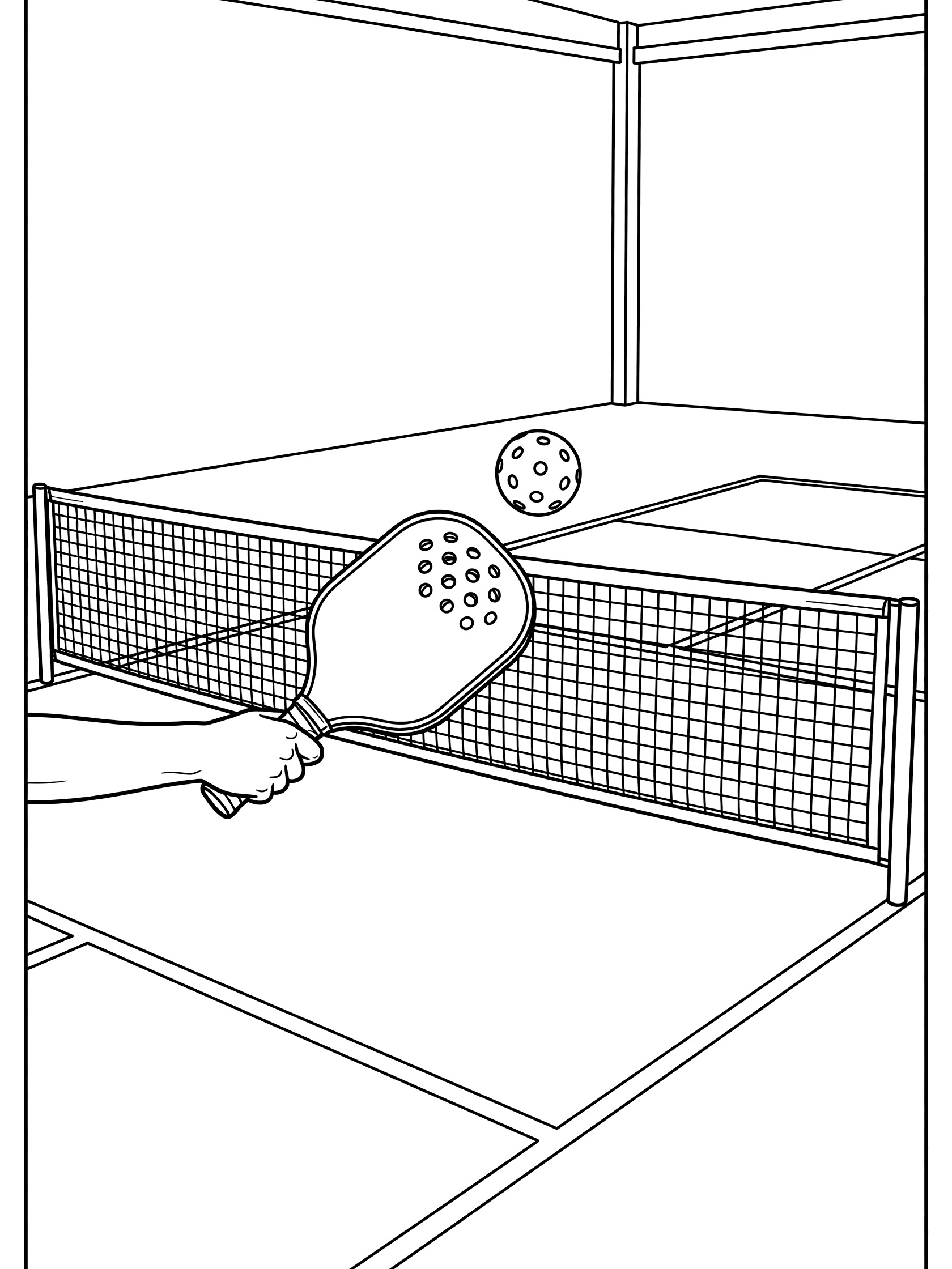 Black-and-white coloring page showing a hand holding a pickleball paddle dinking a ball over the net at the kitchen line on an indoor pickleball court.