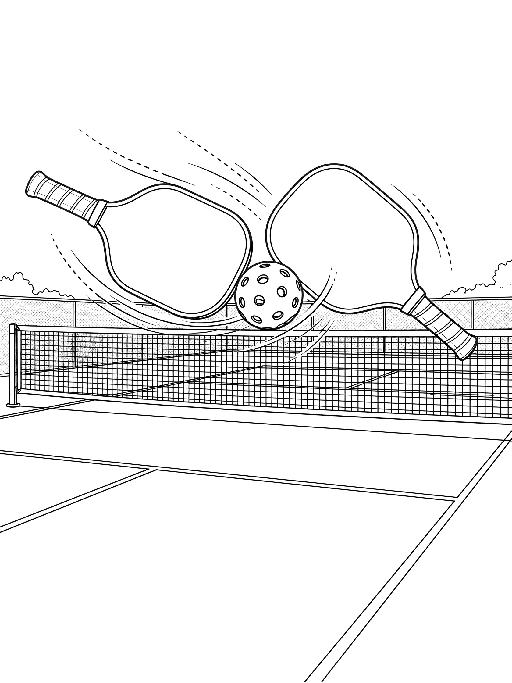 Black-and-white coloring page of two pickleball paddles in fast volley action exchanging a ball over the net on a community court with motion trails.