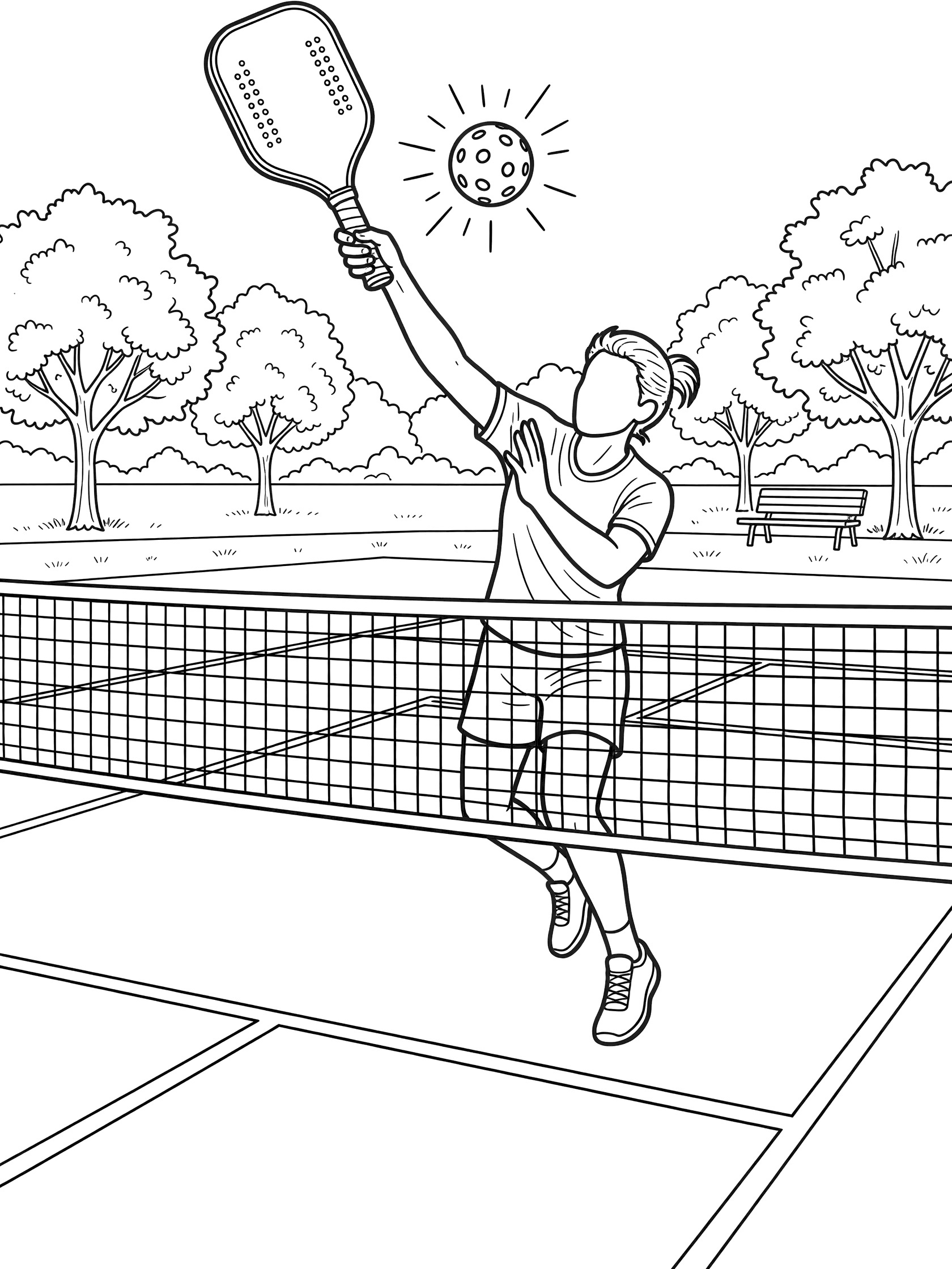 Black-and-white coloring page of a pickleball player doing an overhead smash with paddle hitting the ball over the net on a park court with sun, trees, and lines.