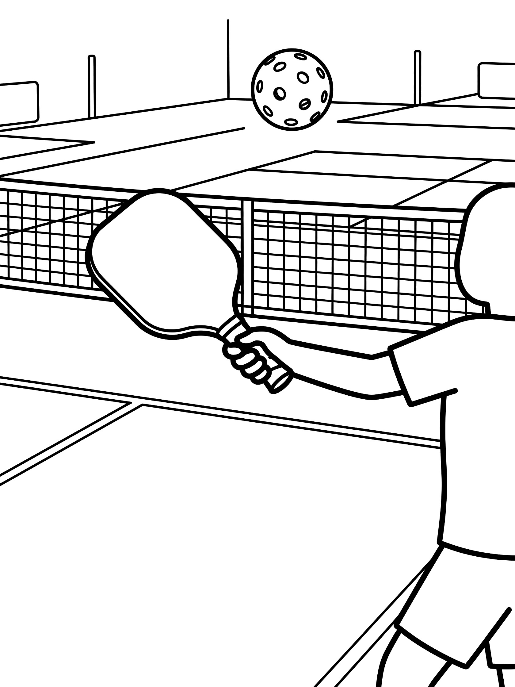 Line art coloring page showing a player swinging a pickleball paddle to serve the ball over the net on a court
