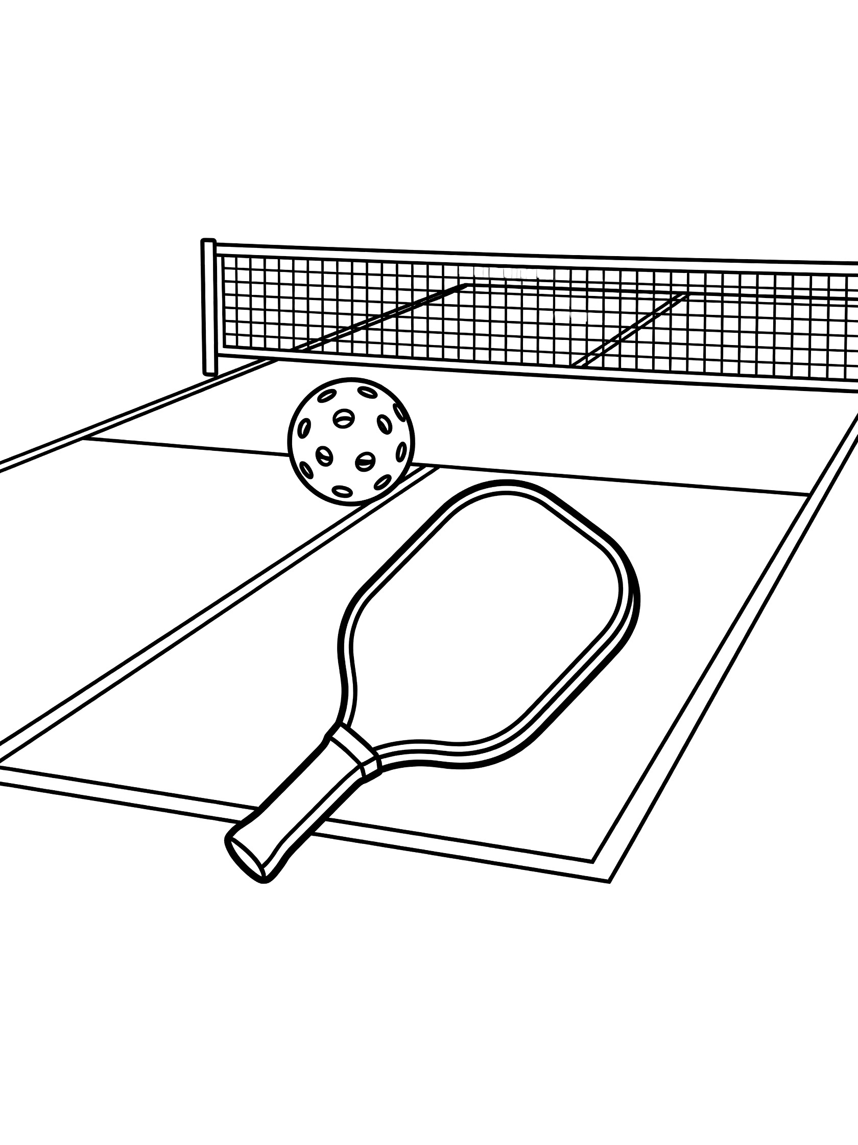 Black-and-white coloring page of a pickleball paddle serving the ball over the net on an outdoor pickleball court with court lines.