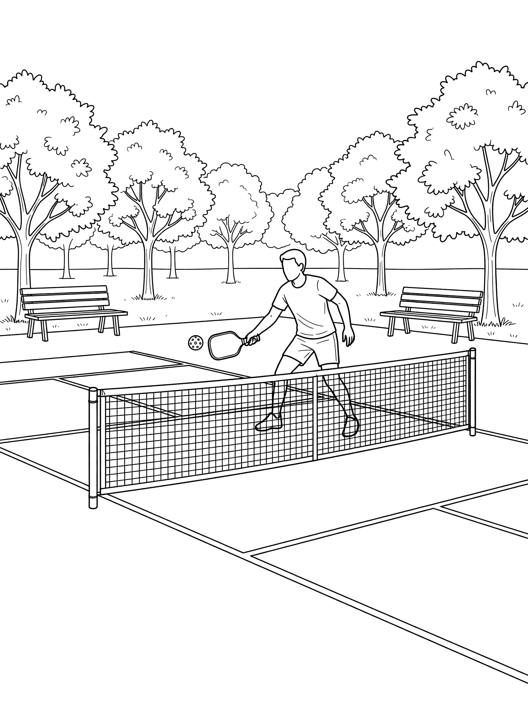 Line art coloring page showing a pickleball player leaning forward to dink the ball just over the net on a community park court with trees and benches.