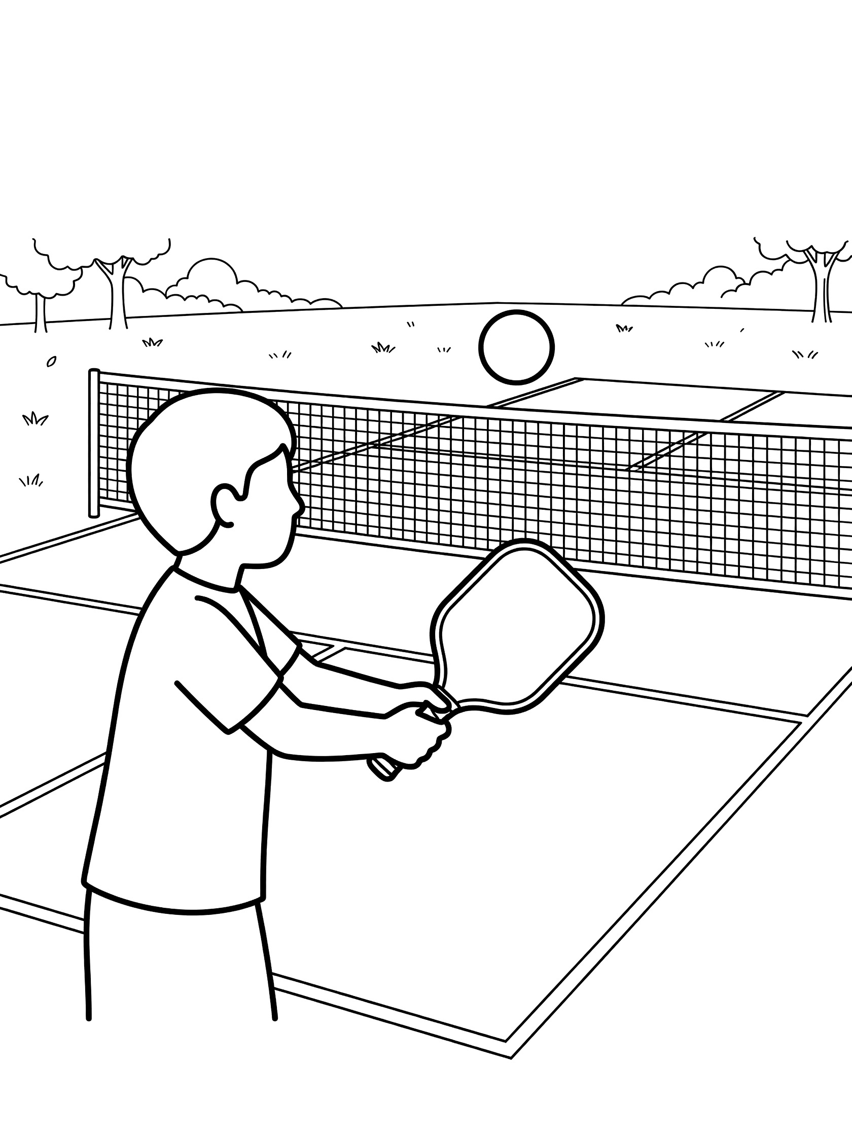 Black-and-white coloring page of a kid hitting a pickleball ball with a paddle over the net on an outdoor court with trees and grass.