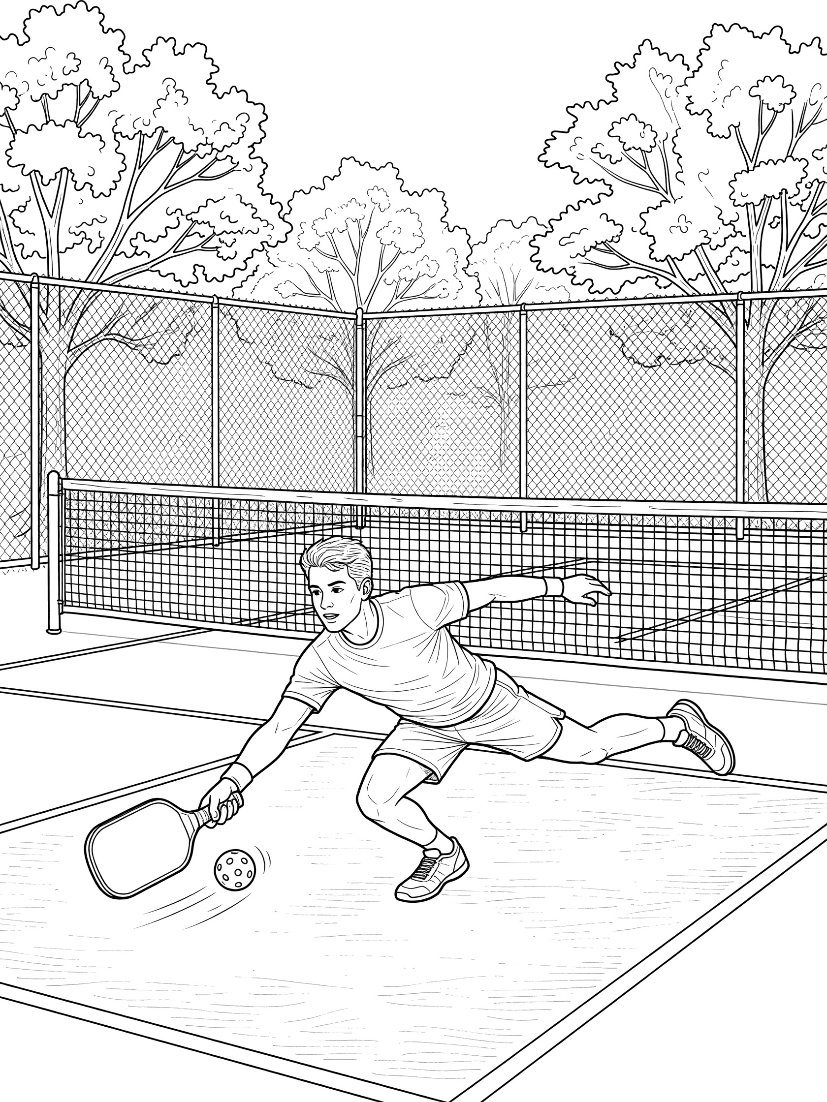 Black and white line art of a pickleball player diving for a ground ball on a community park court with fence, net, trees, paddle, and shoes.