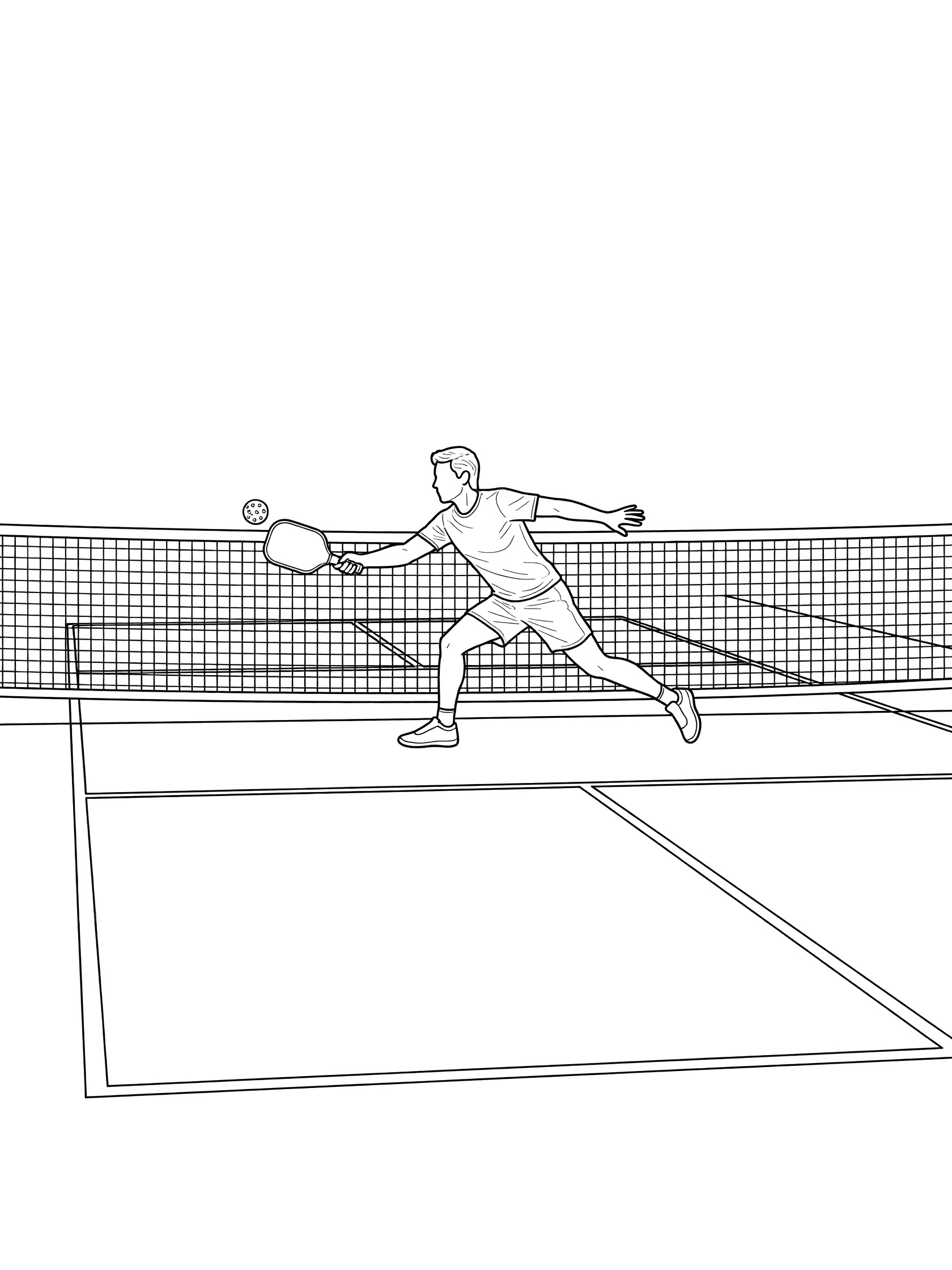 Black and white coloring page of a pickleball player diving for a save at the net, paddle extended, ball skimming mesh net on outlined court.