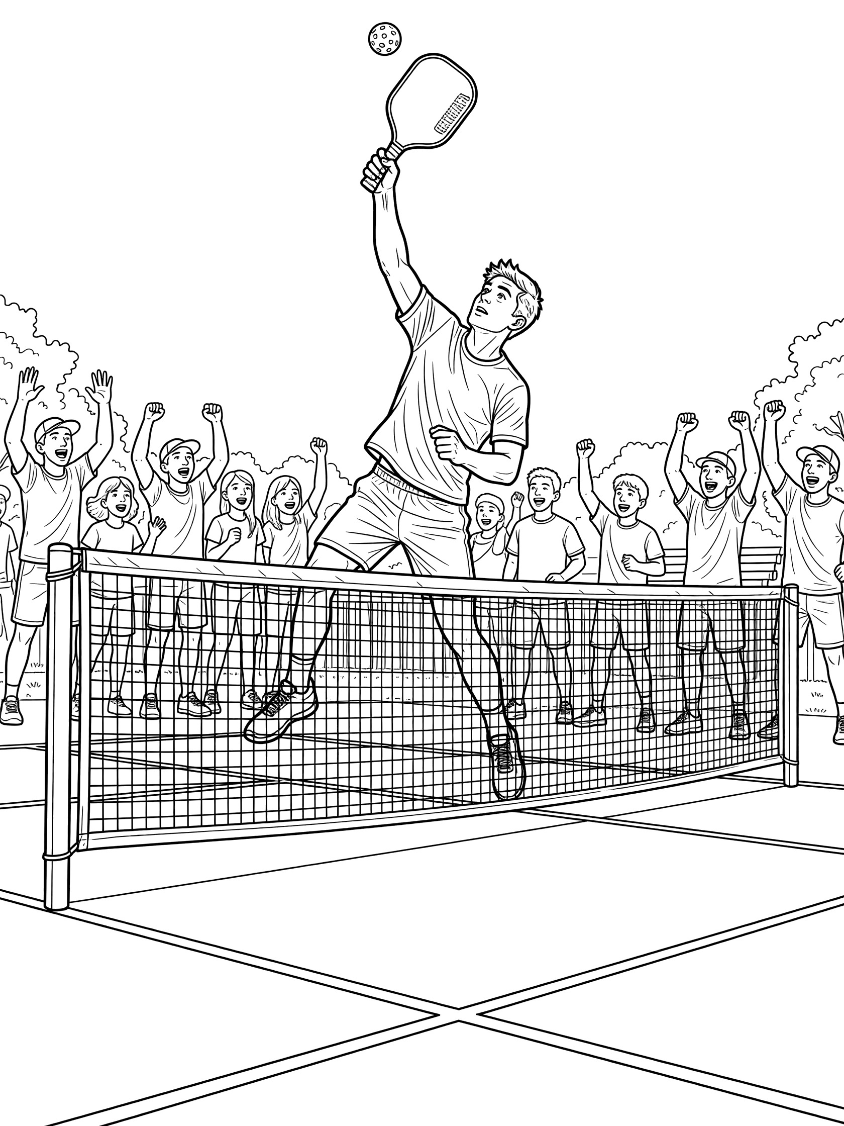 Black-and-white coloring page showing a pickleball player jumping to smash the ball over the net with paddle raised, spectators cheering on the sidelines.