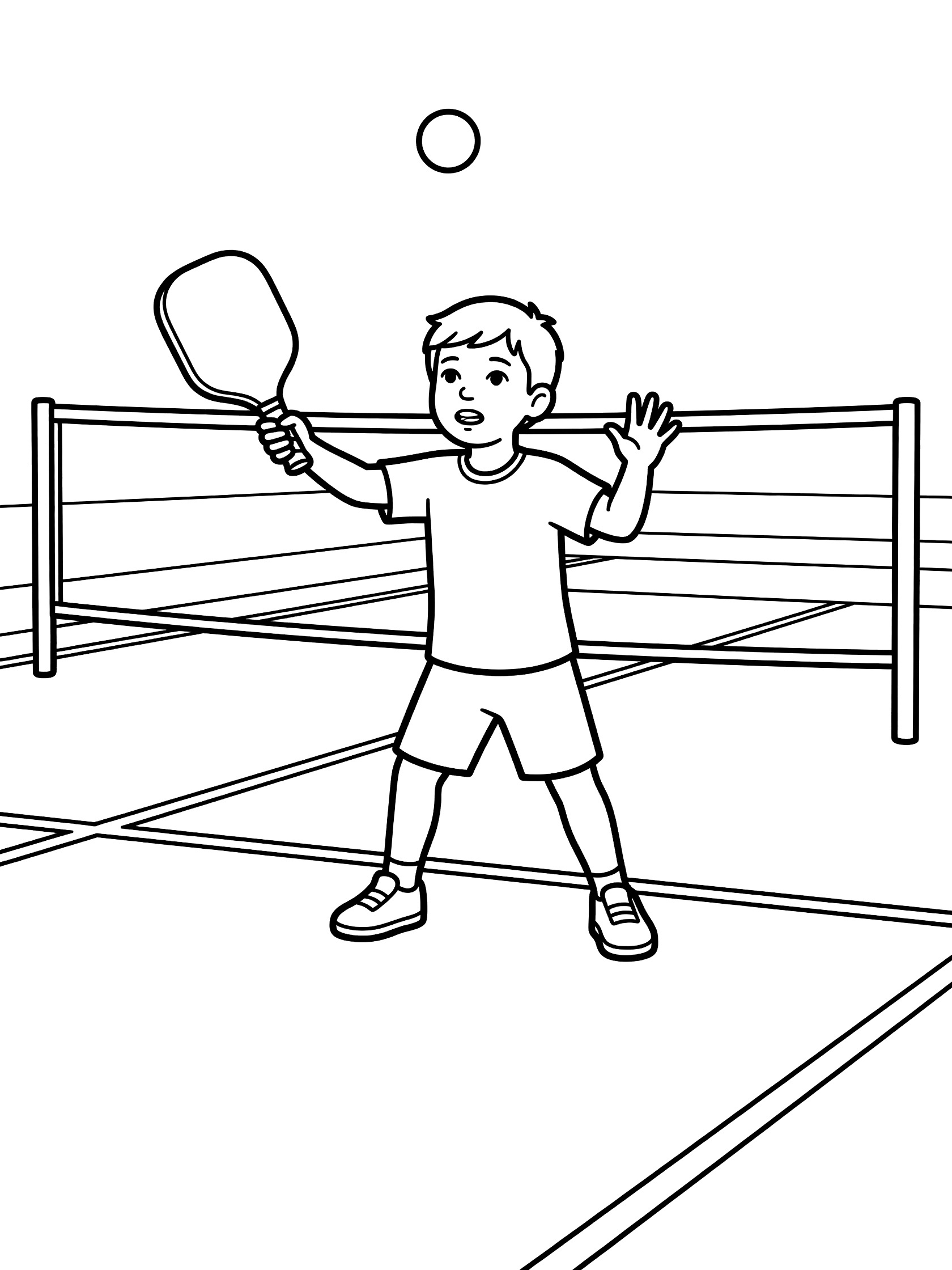 Black and white coloring page showing a kid serving pickleball over the net with wide stance, paddle in hand, ball in air, court lines and posts visible.