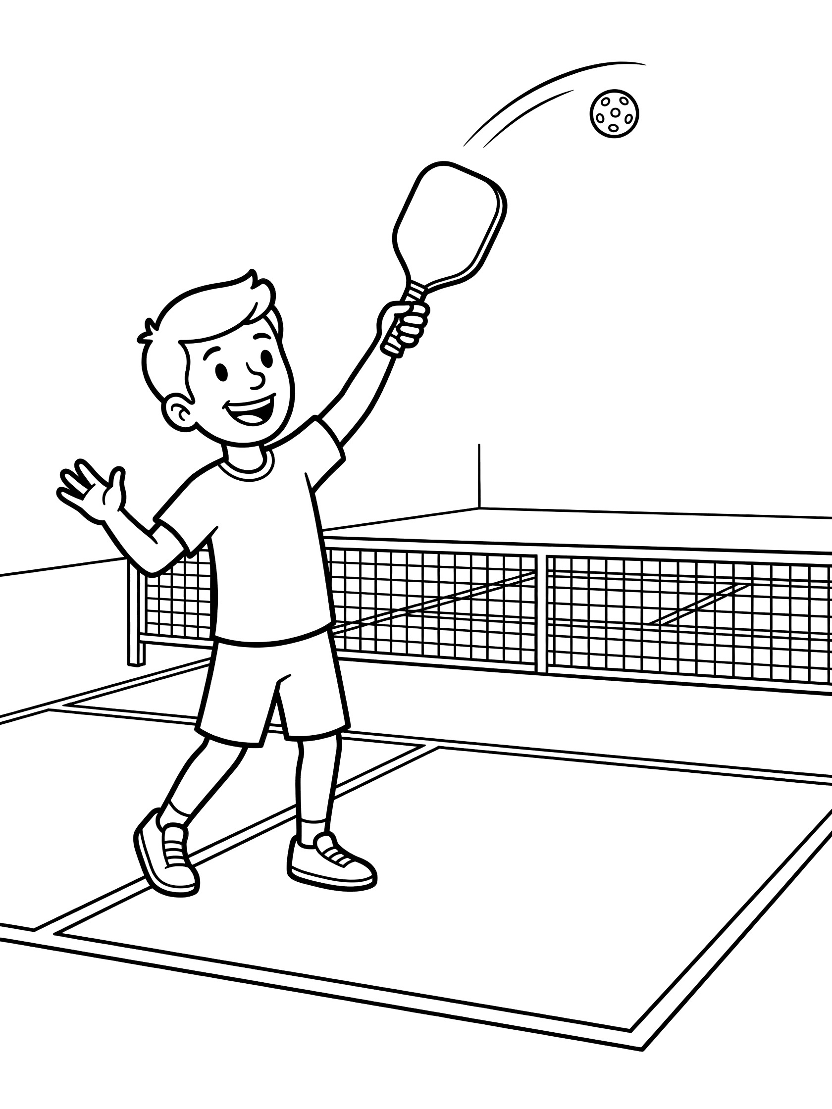 Black and white line art of a pickleball player serving the ball high over the net with paddle tossed up, on a court with net and lines.