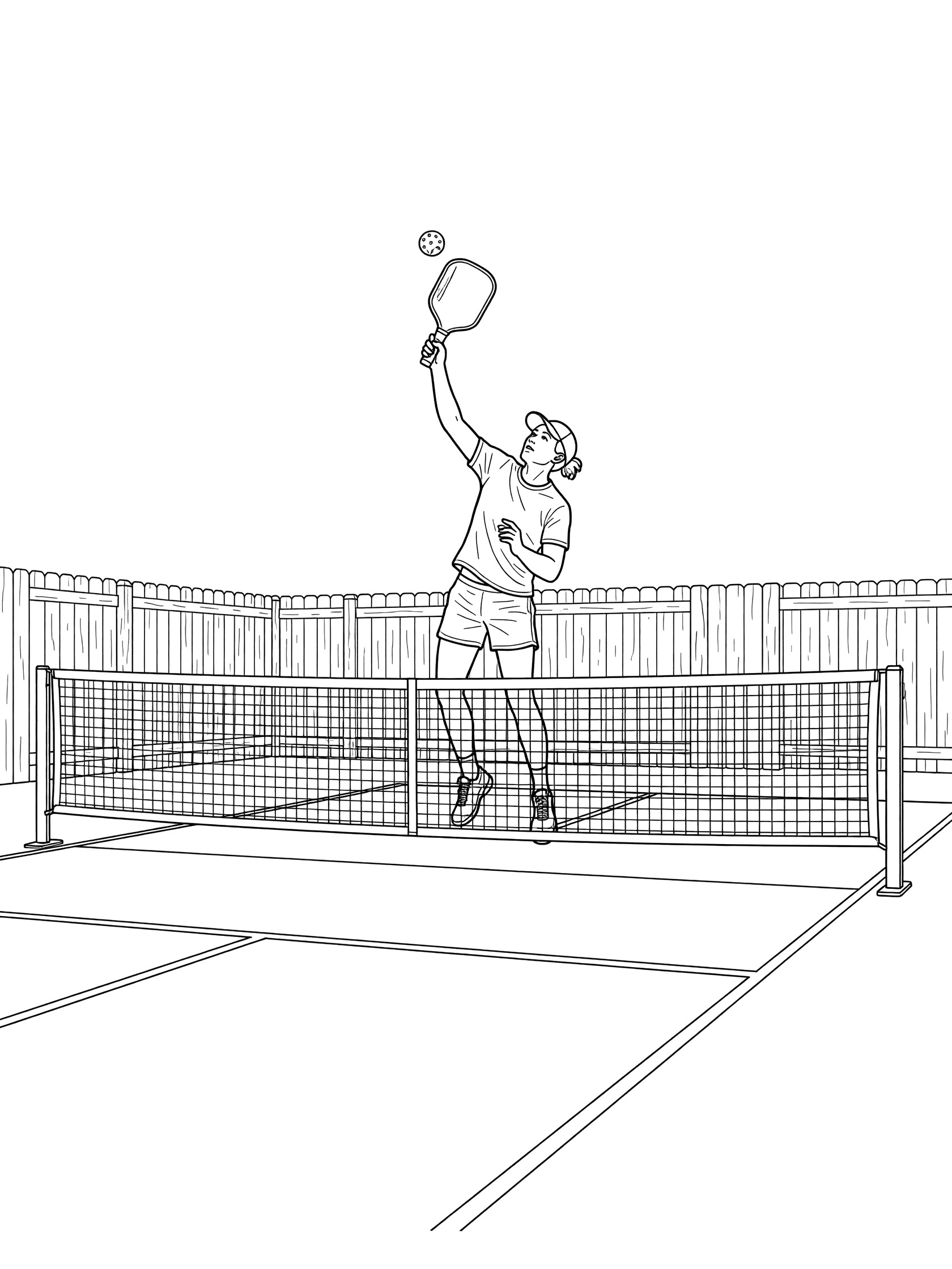 Black and white coloring page of a pickleball player smashing an overhead shot, jumping with paddle hitting the ball over the net on a backyard court with fence.