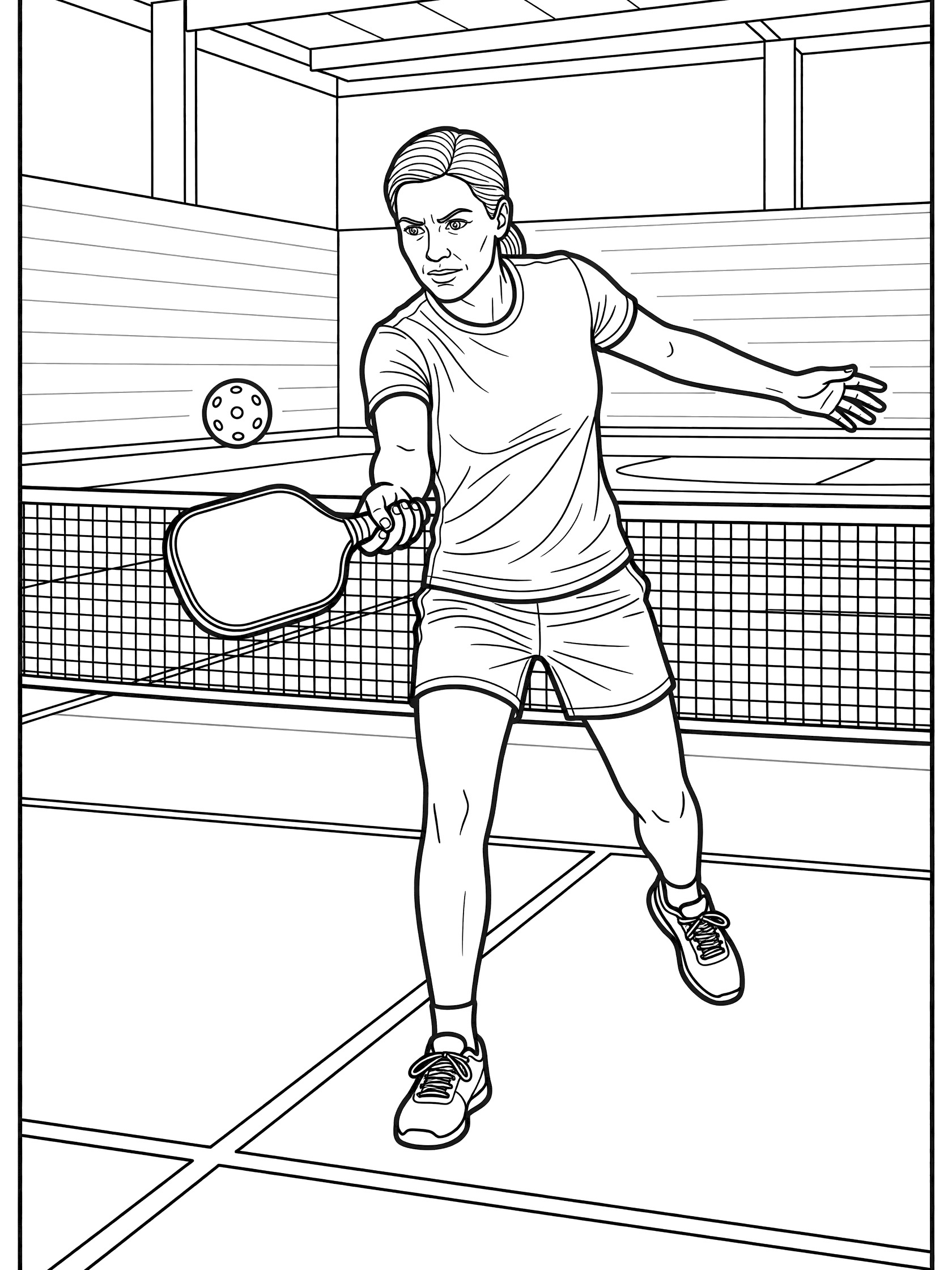 Black-and-white coloring page of a pickleball player swinging paddle to volley the ball at the net on indoor court with gym walls.