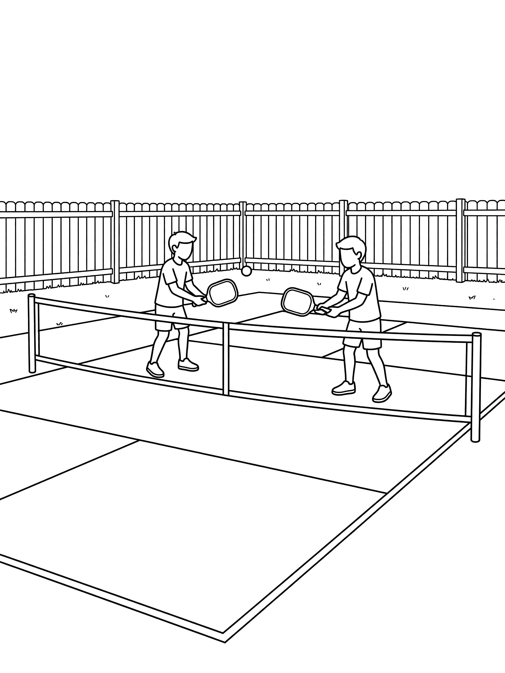 Black and white coloring page of two kids playing pickleball, dinking the ball just over the net with paddles angled softly on a court with fence.