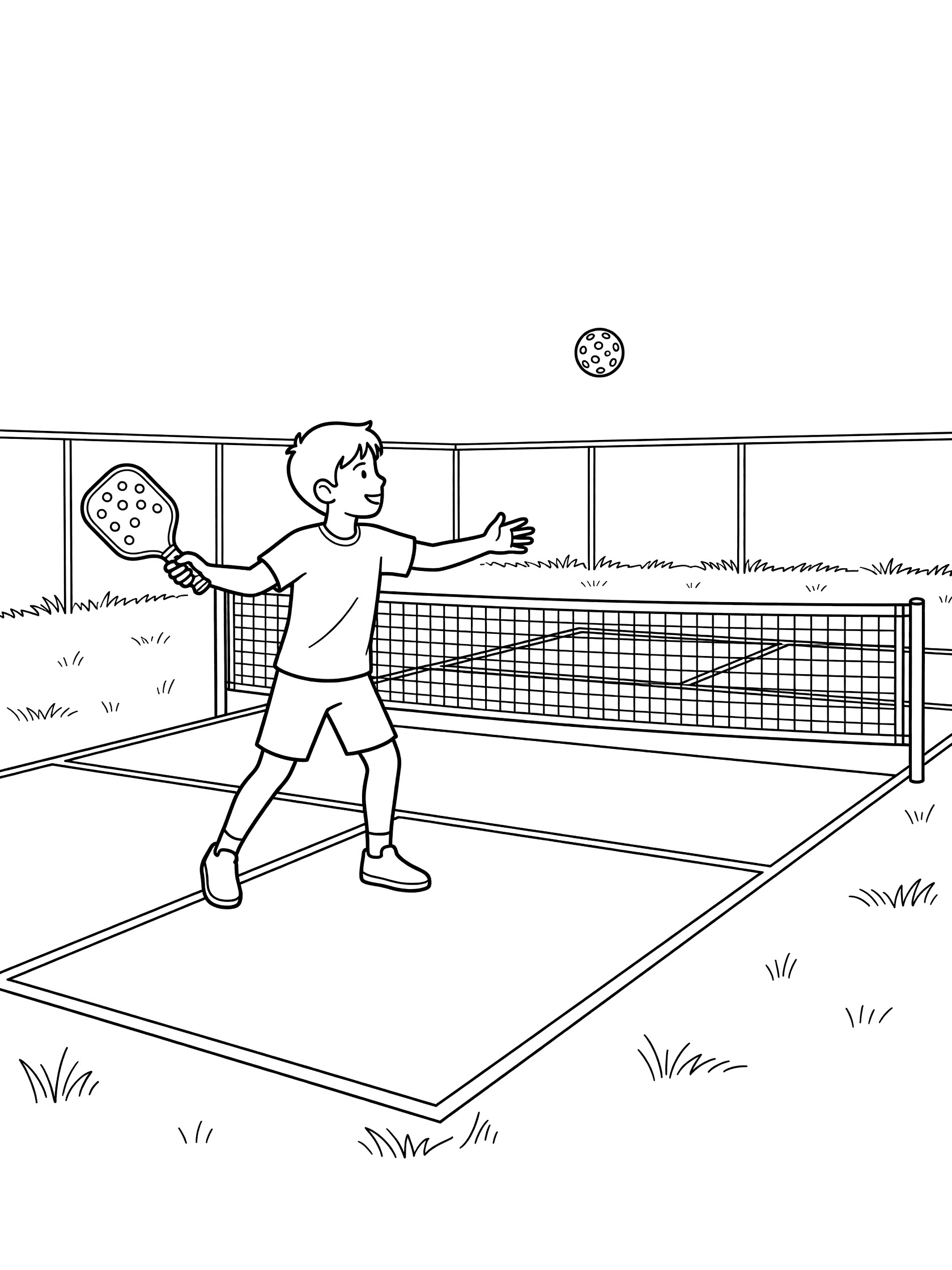 Black-and-white coloring page showing a kid serving a perforated pickleball with a paddle from the baseline on an outdoor pickleball court, net in the middle, grass around, and simple fence.