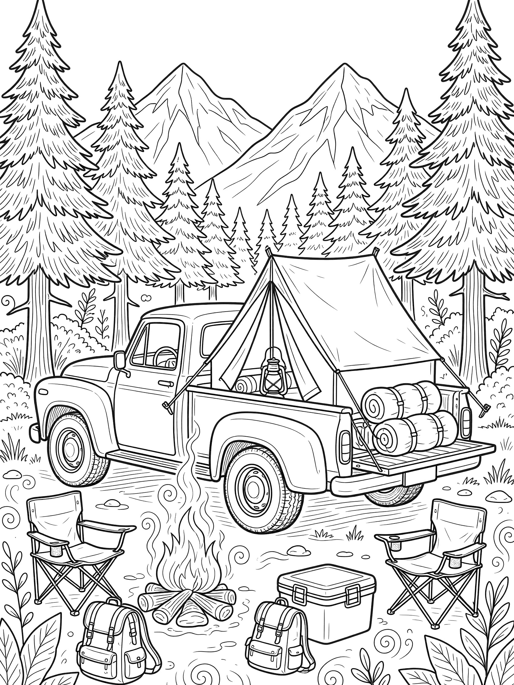 Black and white line art of a pickup truck parked at campsite with tent in bed, sleeping bags, lantern, campfire, chairs, cooler, backpacks, pine trees, and mountains.