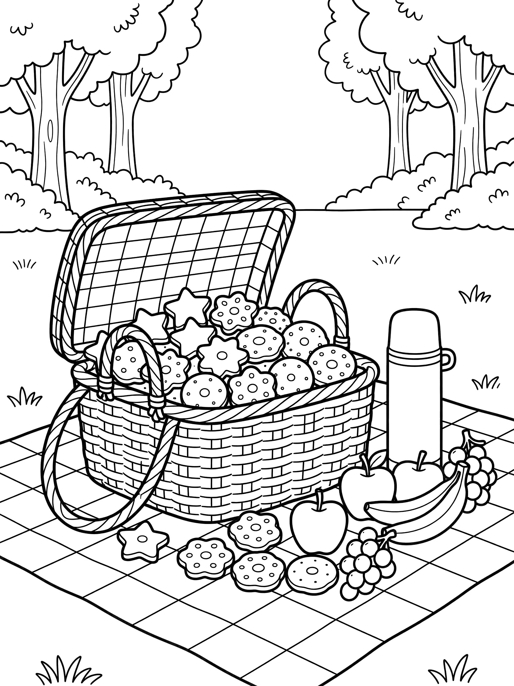 Black and white line art of an open picnic basket brimming with assorted cookies, fruits, and thermos on a checkered picnic blanket in a park.