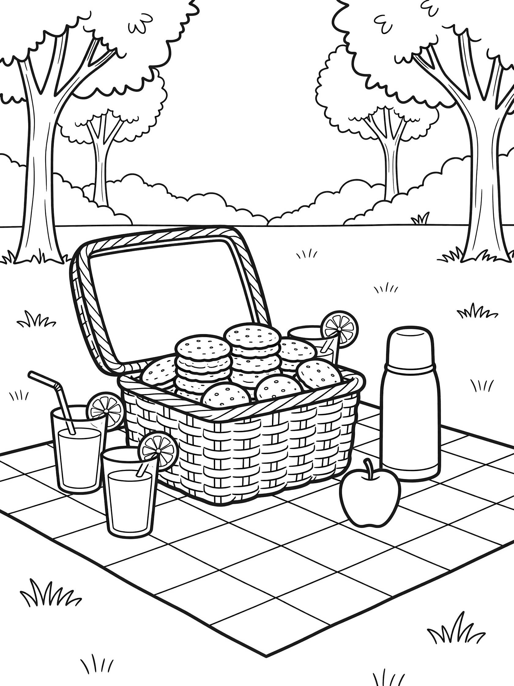 Black-and-white line art of open picnic basket full of stacked cookies, two glasses of juice with straws and lemon slices, thermos, apple, on checkered blanket with park trees.