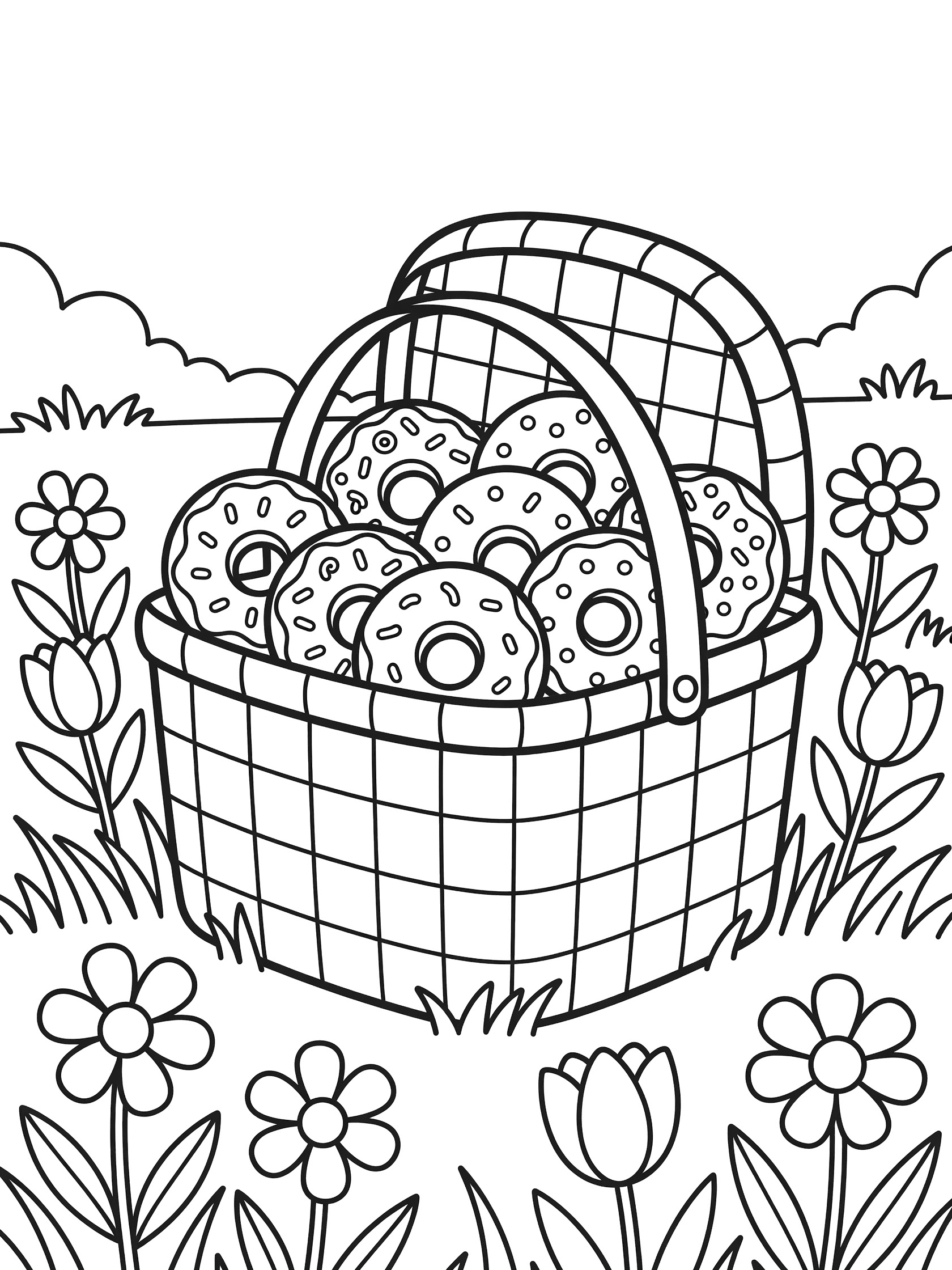 Black and white coloring page of a checkered picnic basket full of donuts with grass, daisies, and tulips in an outdoor setting