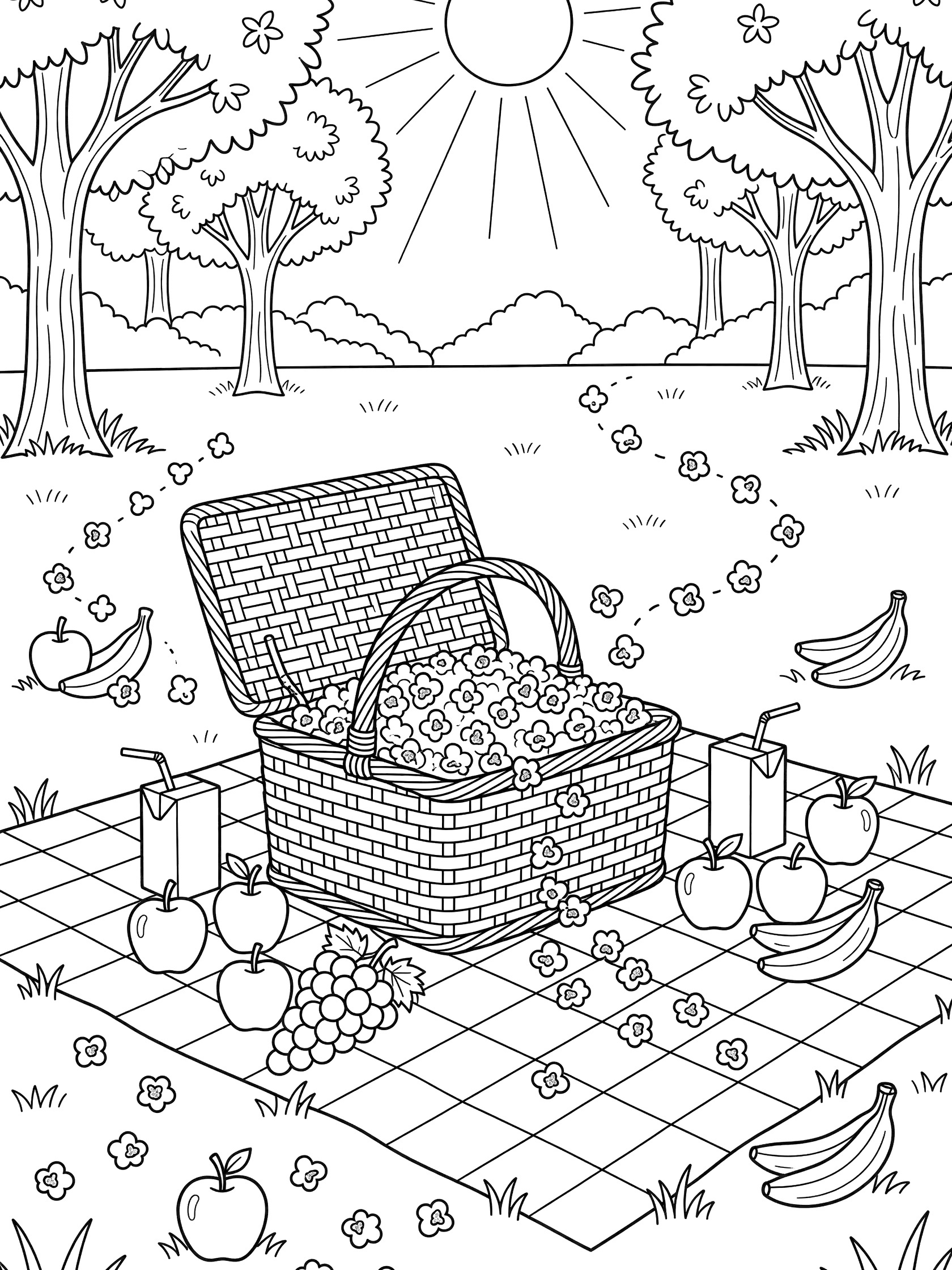 Printable coloring page showing an open picnic basket spilling popcorn kernels across a checkered picnic blanket in a sunny park, with apples, bananas, grapes, and juice cartons nearby.