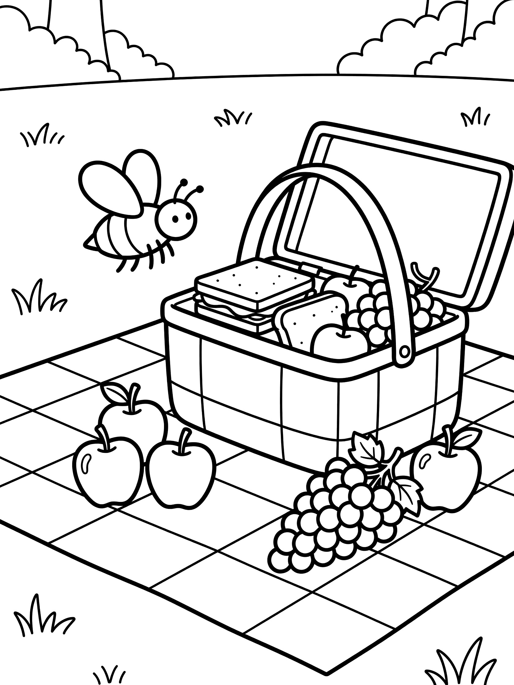 Black and white line art coloring page showing an open picnic basket with sandwiches, apples, grapes on a checkered blanket and a bee buzzing around in a park setting.