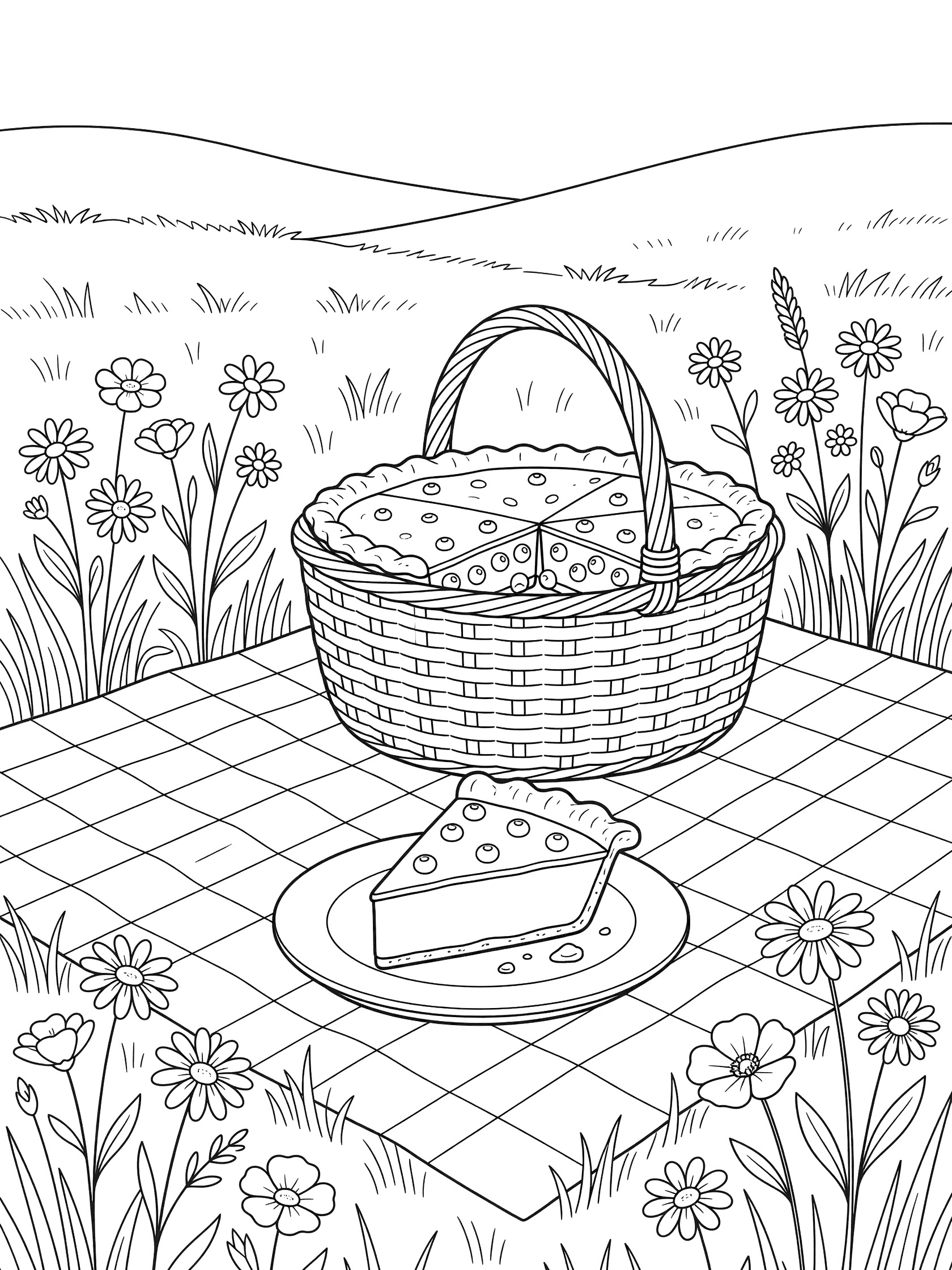 Black and white line art of a picnic basket with sliced blueberry pie, pie slice on plate, checkered cloth, wildflowers, and grass for coloring